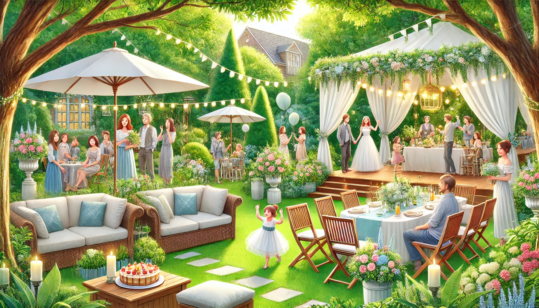 A garden event conclusion scene with happy guests, comfortable seating, and beautiful outdoor furniture, set in a lush green garden