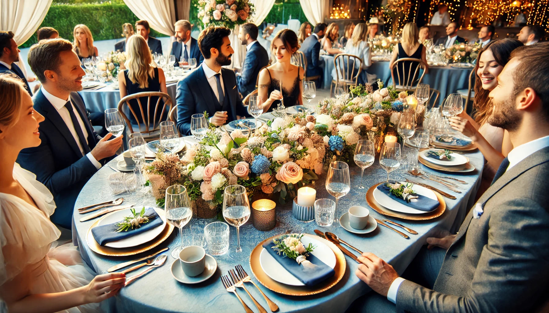 A group of guests enjoying a beautifully set dining table at an event, with visible crockery, glassware, and table decorations, showcasing the success