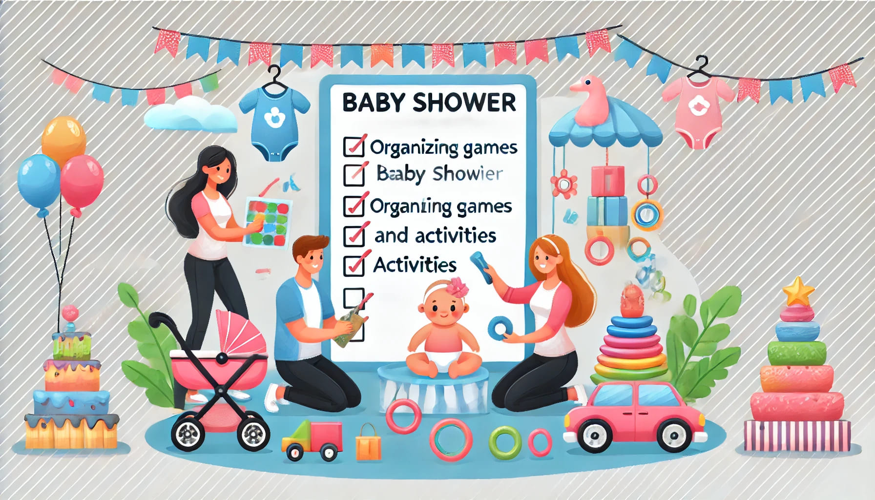 A group of people playing baby shower games and enjoying activities, symbolizing organizing games and activities for your baby shower