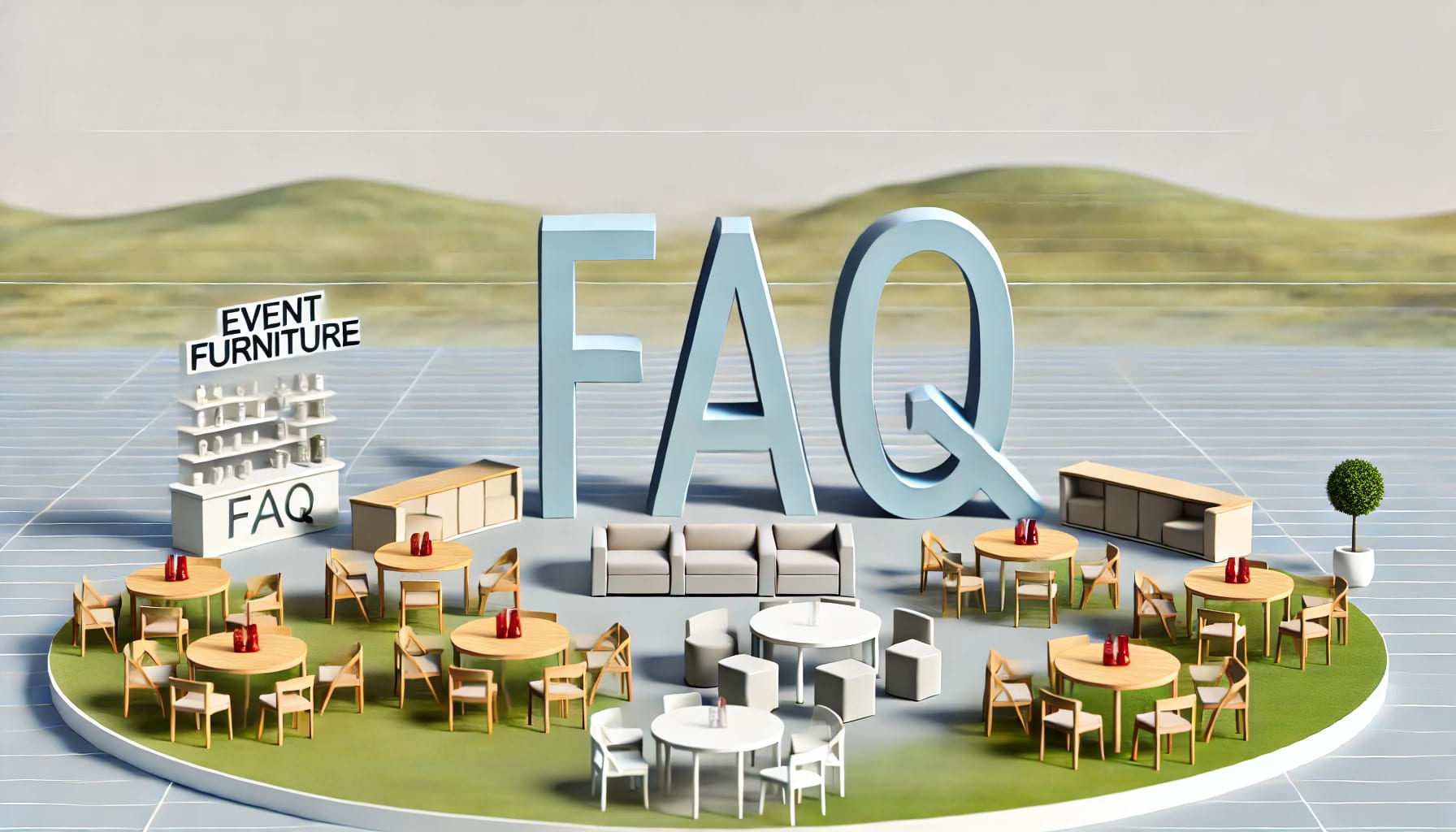 A landscape image depicting an organized FAQ section with a variety of event furniture pieces subtly arranged around it. The image includes tables, ch