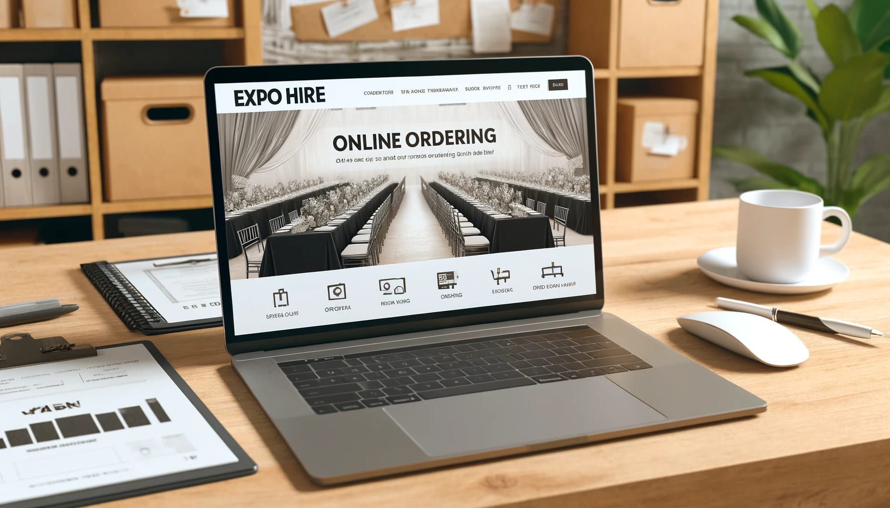 A landscape-oriented image showing an easy-to-use online platform for ordering event tables, with a laptop displaying the Expo Hire website. The image