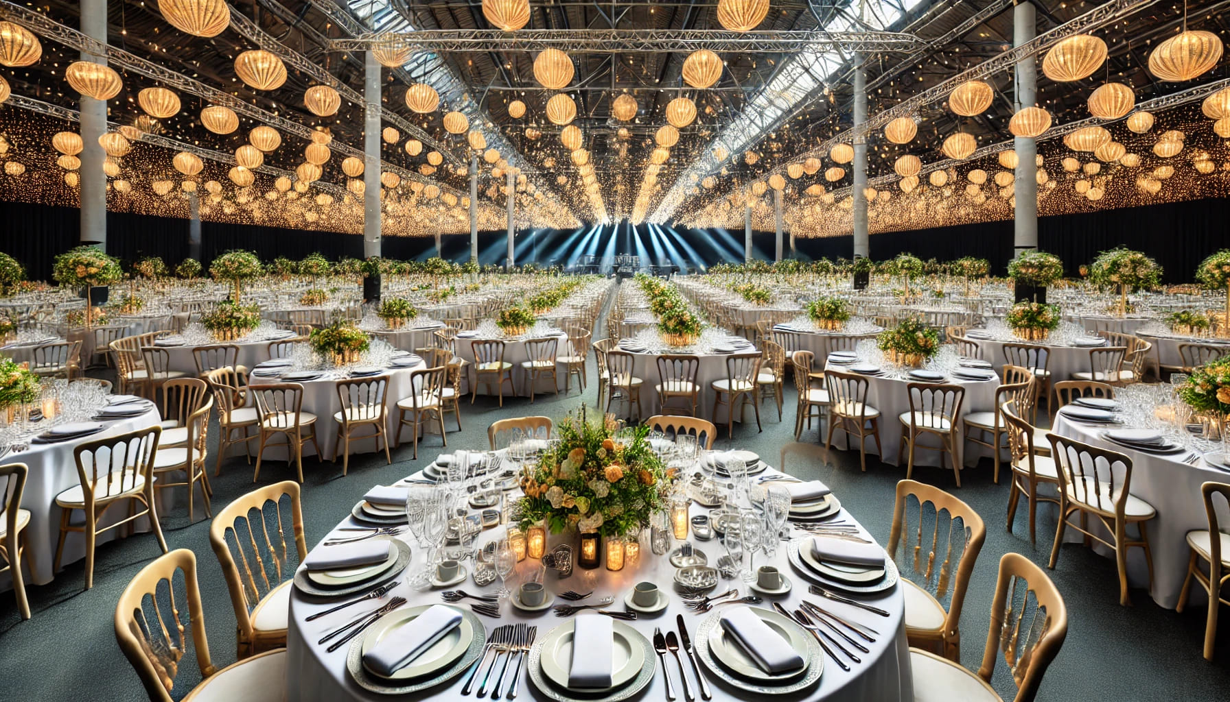 A large event setup with matching plates and cutlery on numerous tables, showing the ability to supply large quantities for any size event in Manchest