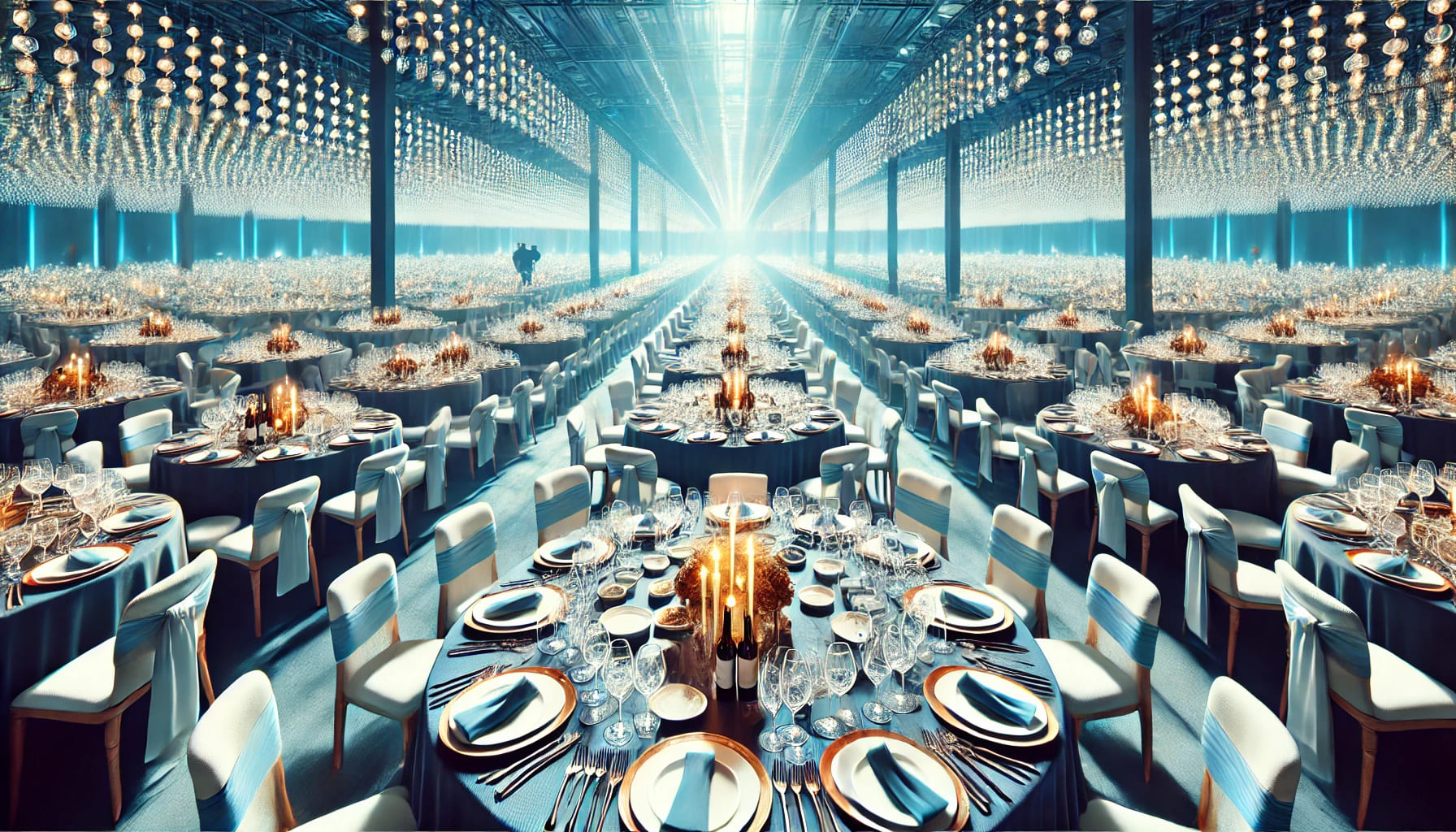 A large event with many tables, each set with identical glassware, showing the availability of plenty of glassware for large events