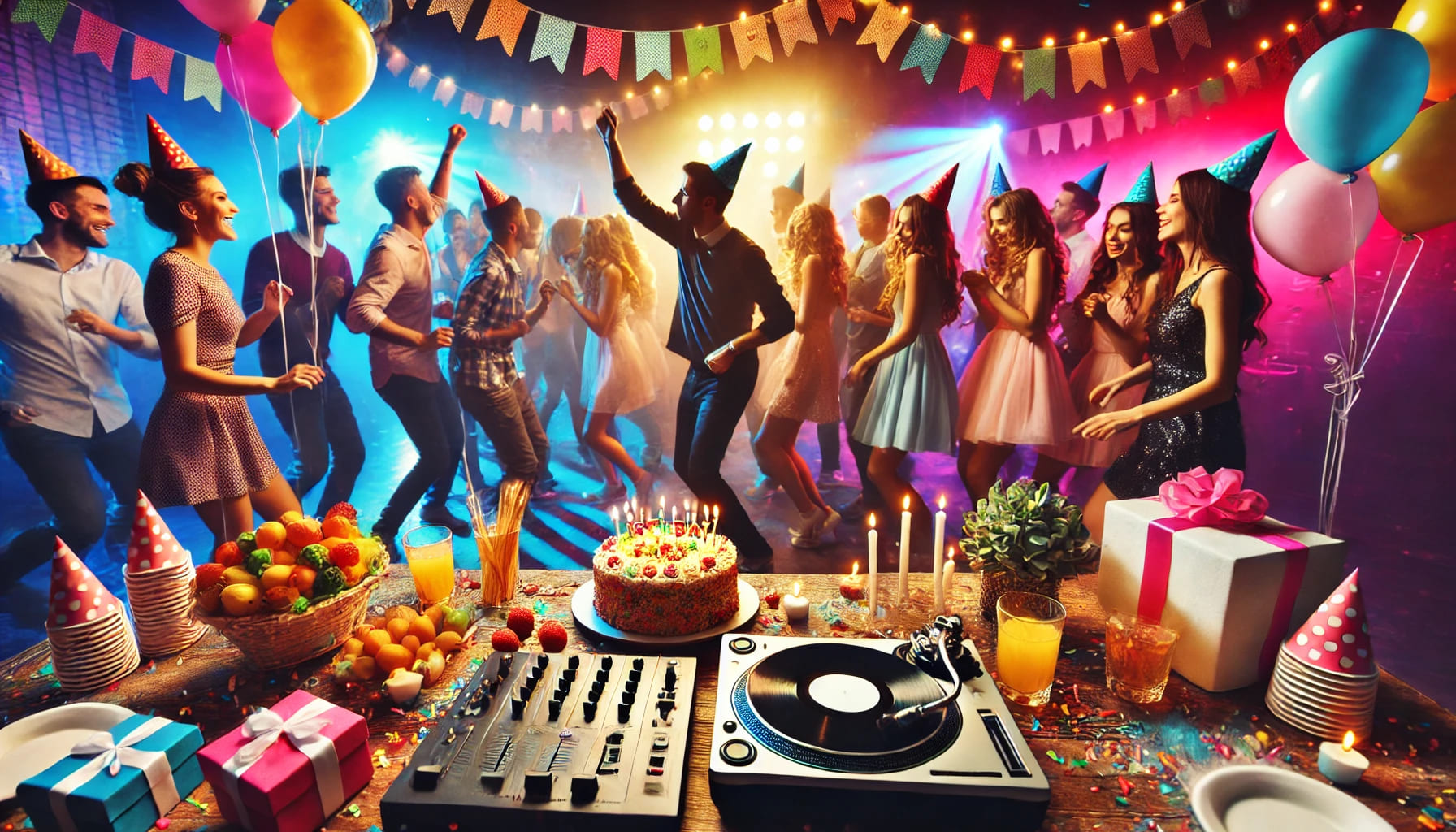 A lively birthday party scene with a DJ, dancing guests, and colourful lights