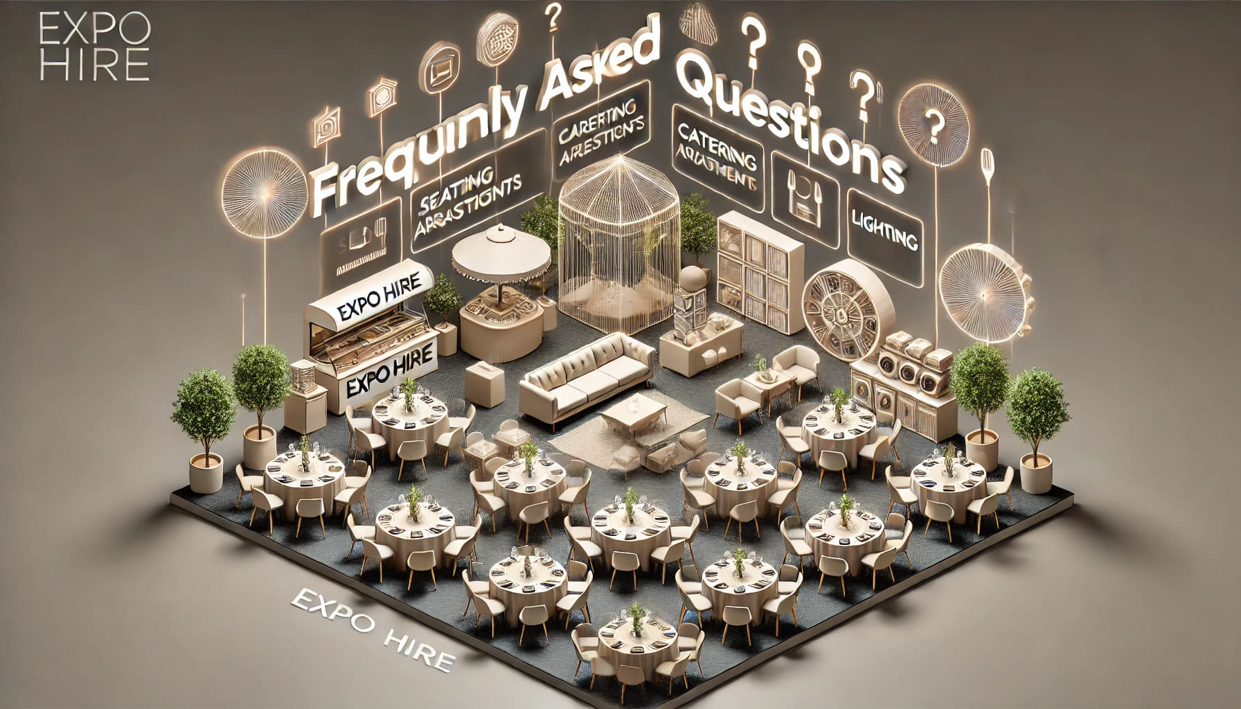 A modern event setup featuring frequently asked questions concept, visually represented with different areas of the event such as seating arrangements