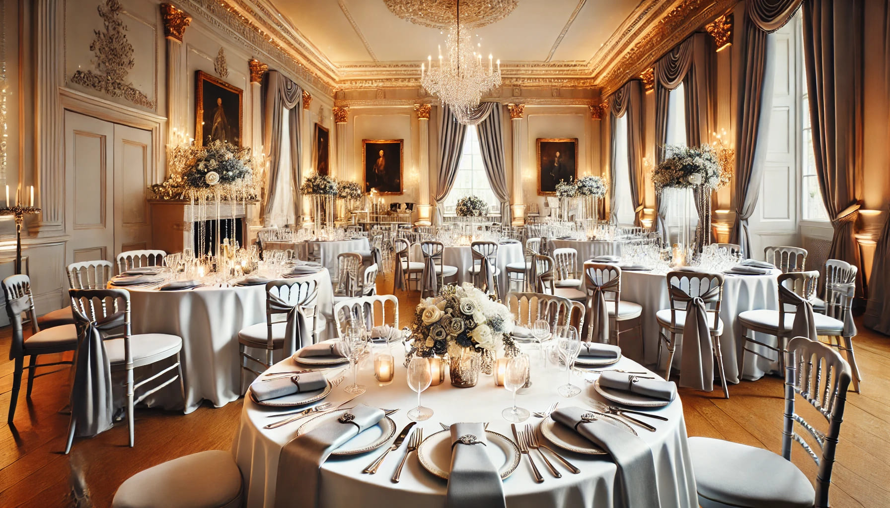 A polished and elegant event setting featuring hired linens such as tablecloths, chair covers, and napkins, demonstrating the quality of linen hire fr