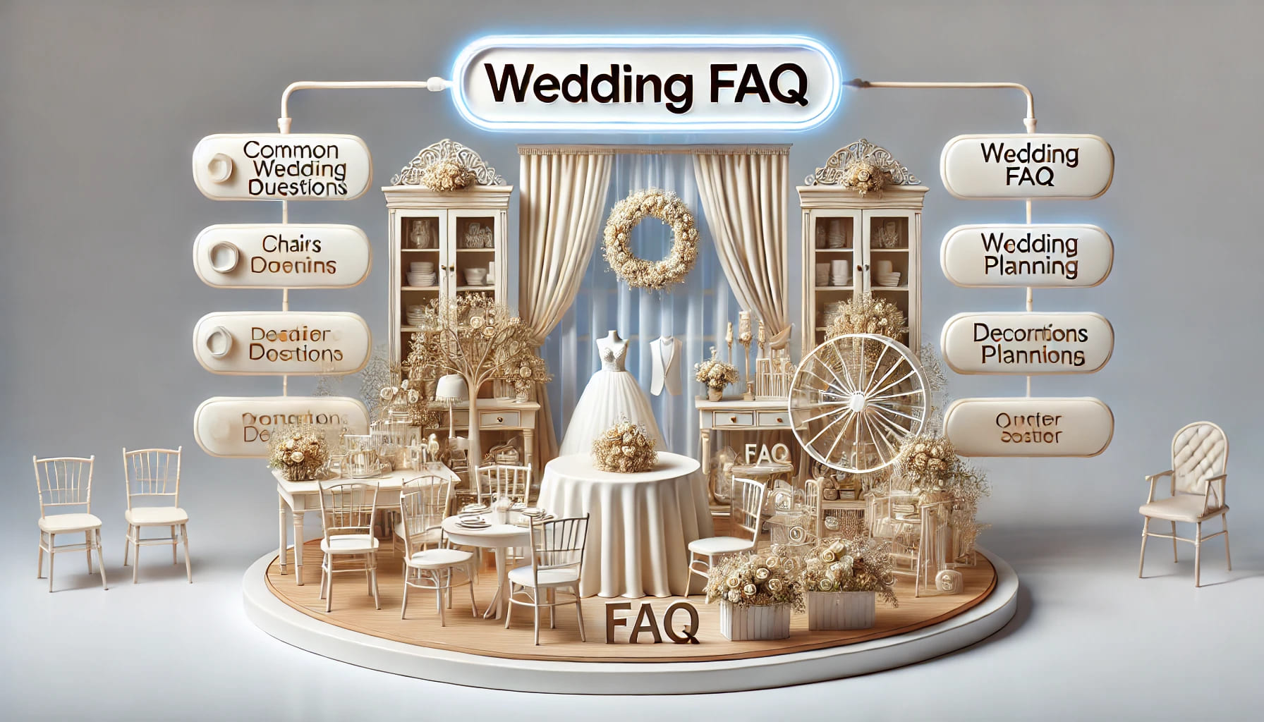 A realistic image illustrating a wedding FAQ section. The scene features a well-organized collection of wedding-related items such as chairs, tables,