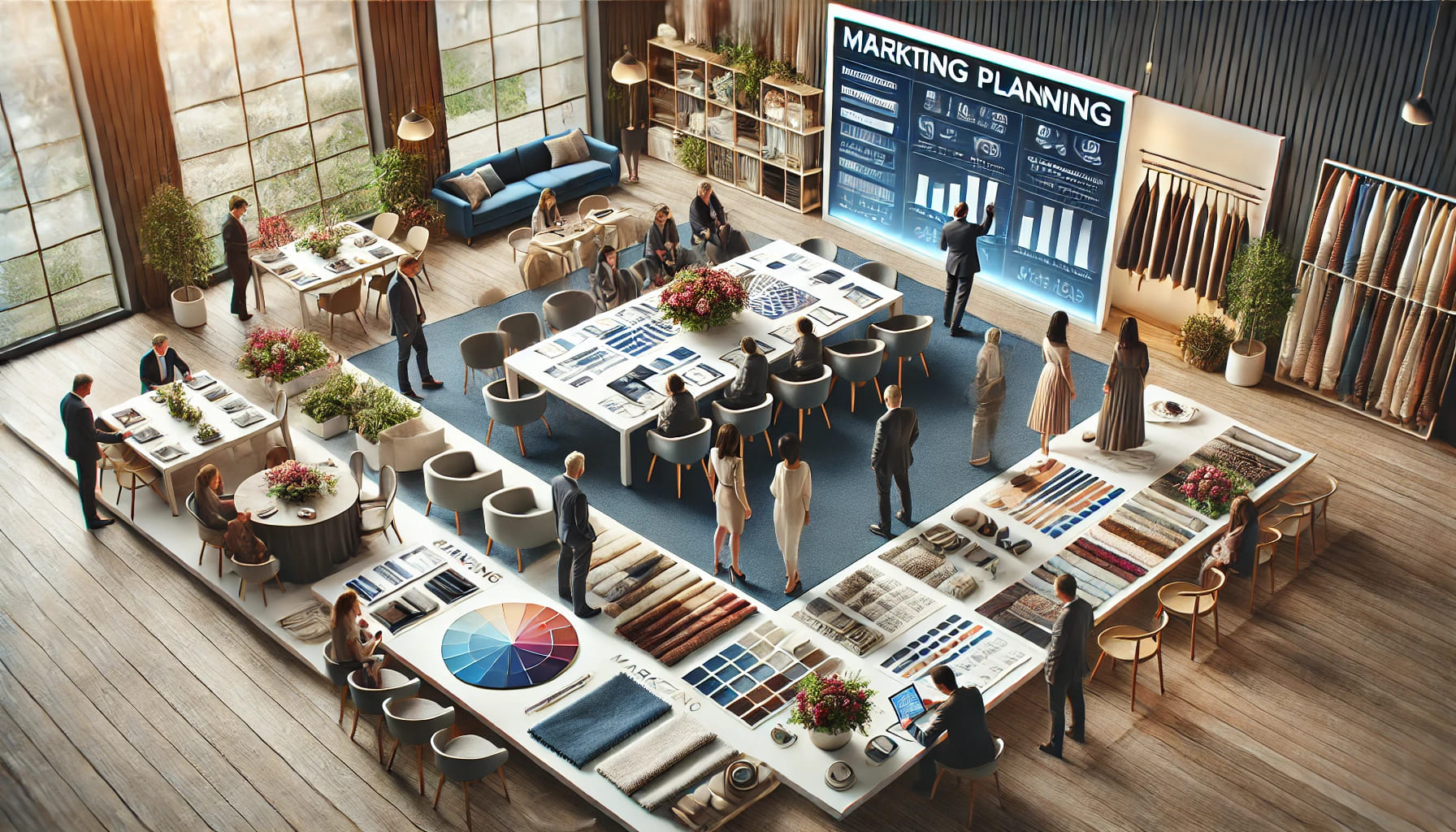 A realistic image in landscape orientation showing a well-organized event planning meeting. The image depicts event planners discussing marketing stra