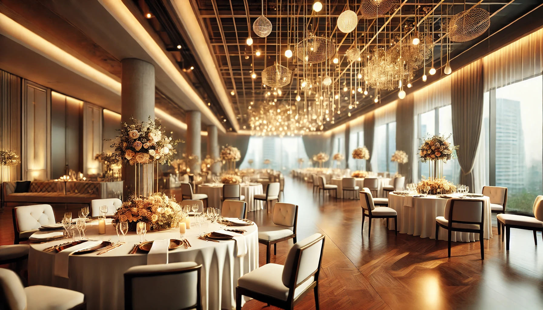 A realistic image of a beautifully decorated event space ready to welcome guests, with attention to detail in the arrangement of furniture and decorat