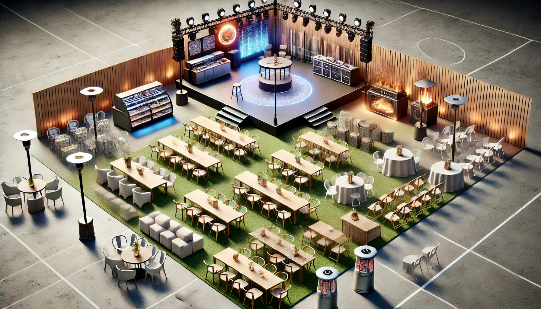 A realistic image of an event setup that includes not just tables and chairs but also additional services like catering equipment, LED furniture, and