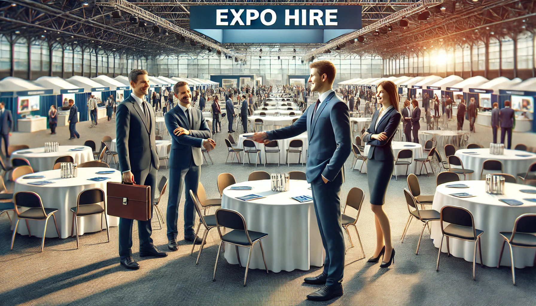 A realistic image of satisfied event organisers shaking hands with Expo Hire representatives in a well-arranged event space filled with round tables.