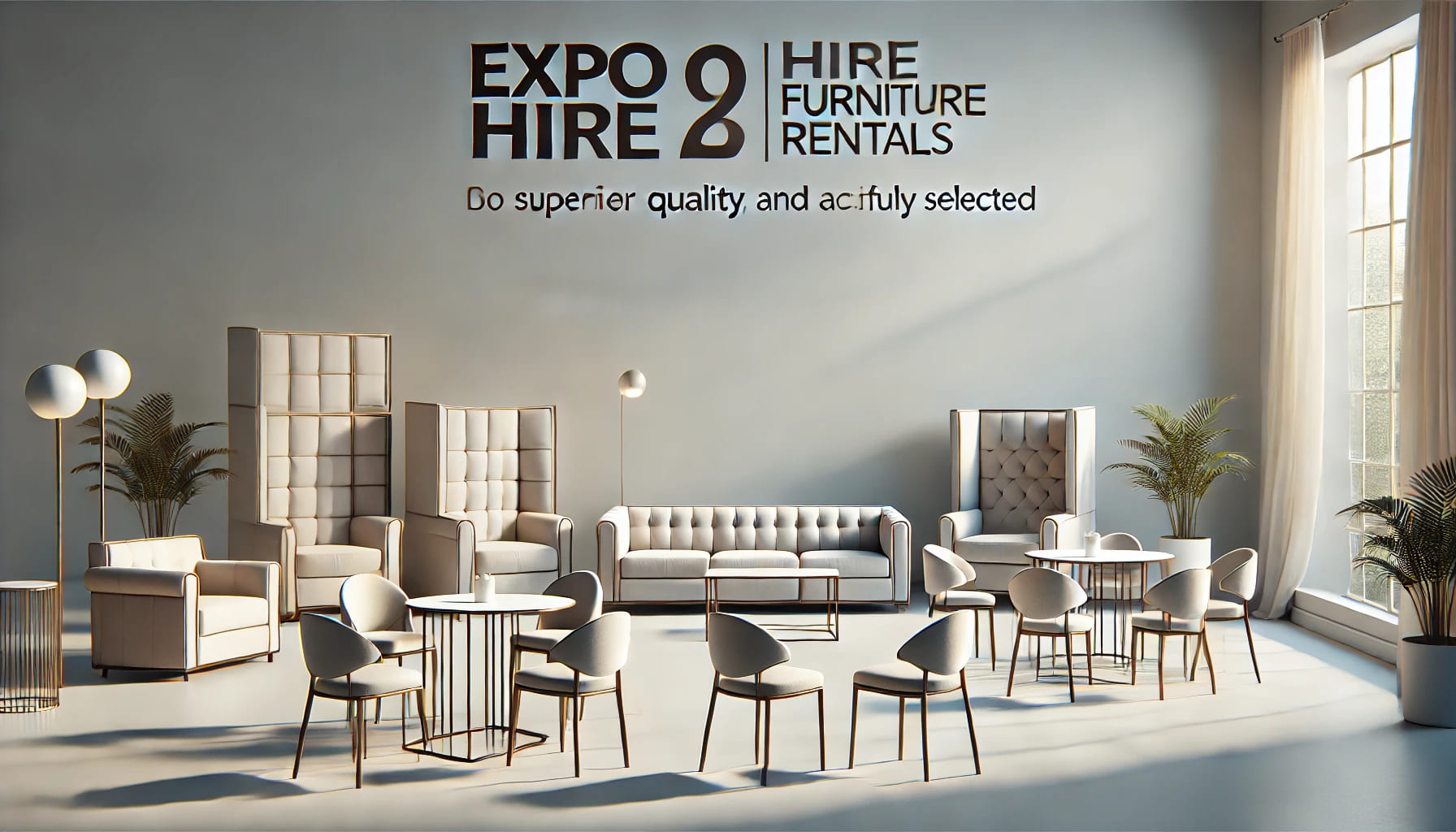 8 A realistic image showcasing high-quality furniture rentals provided by Expo Hire. The scene features well-crafted chairs, tables, and sofas arranged