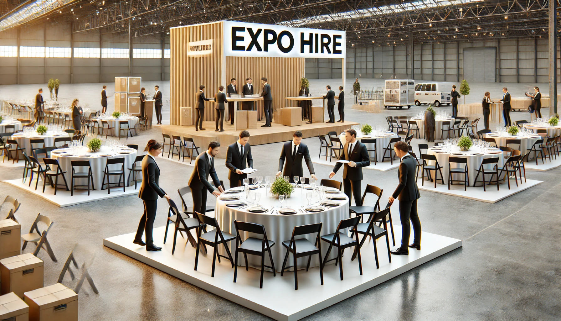 A realistic image showing a group of event planners from Expo Hire working together in a venue, arranging tables and furniture. The image should highl