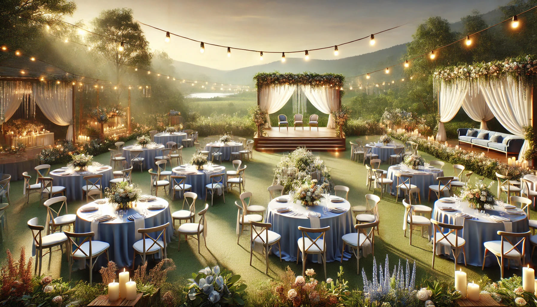 A realistic landscape image of a beautifully decorated wedding venue with all the final touches in place. The setting includes perfectly arranged chai