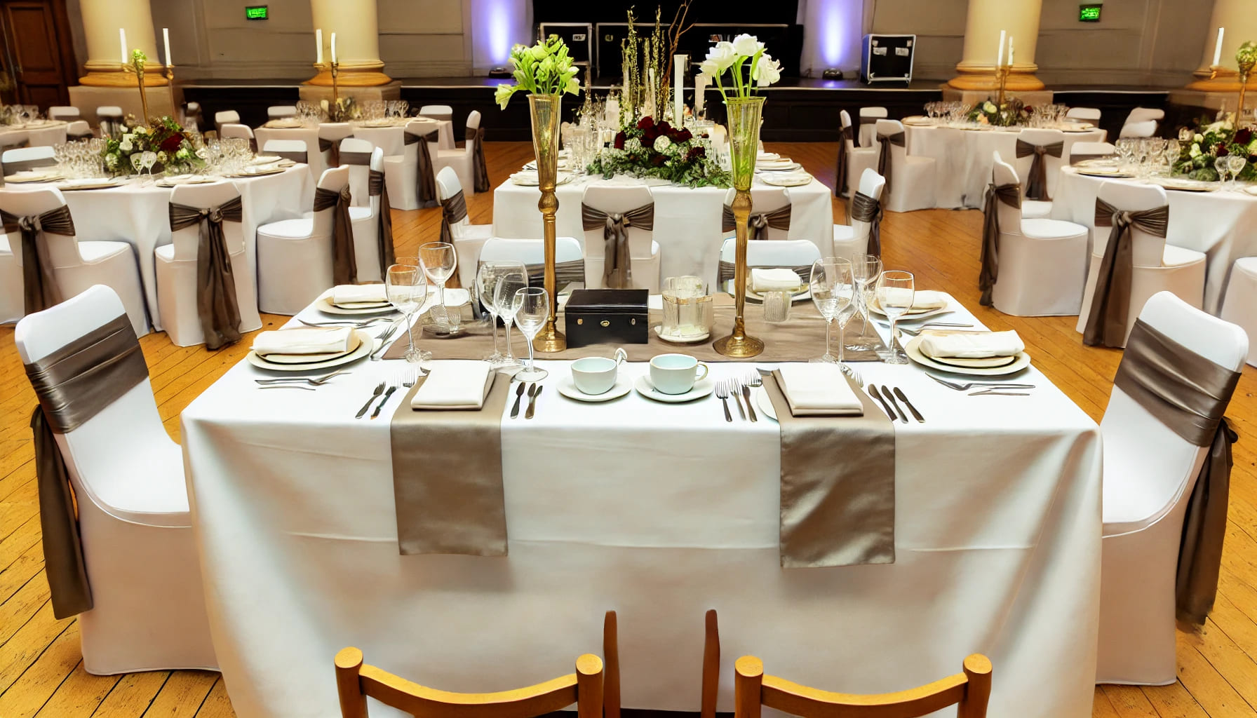 8 A stylish event setup in the UK featuring trestle tables with matching linens, tableware, and decorative accessories. The tables are elegantly dressed