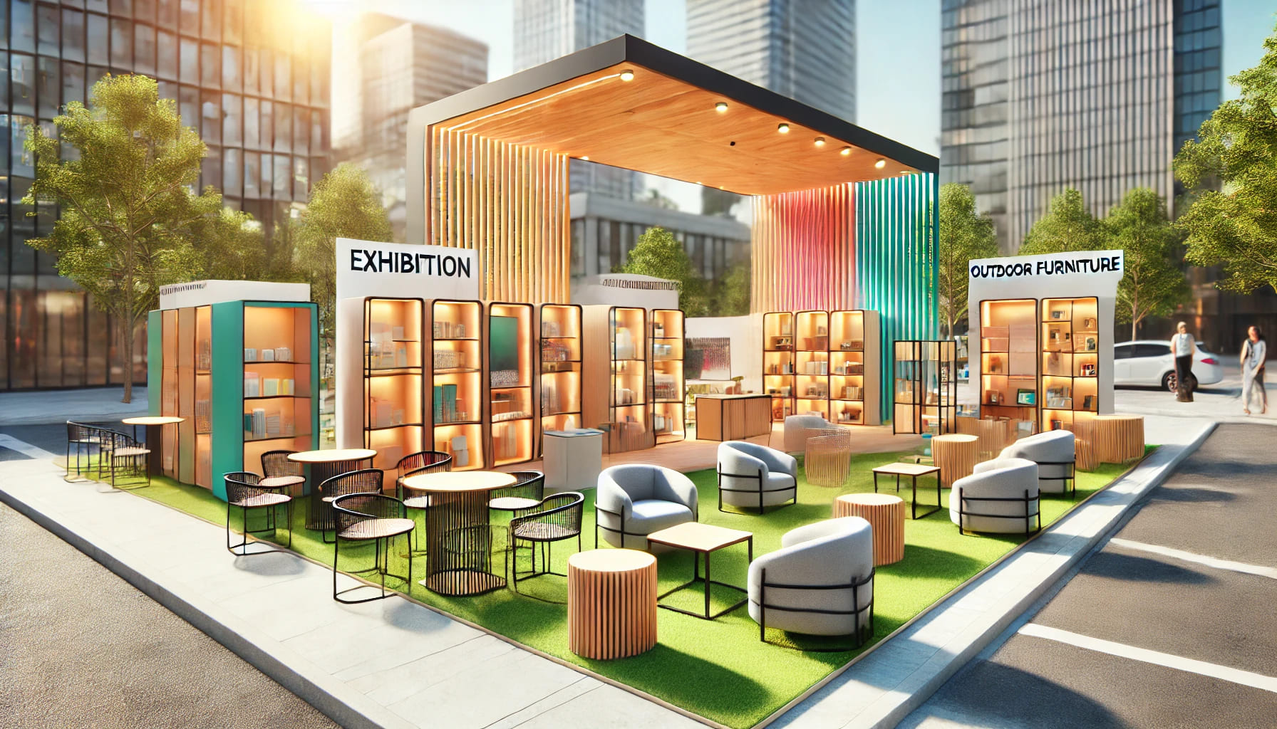 A vibrant exhibition setup outdoors, featuring a variety of display cabinets and outdoor furniture. The scene includes stylish seating areas, exhibiti