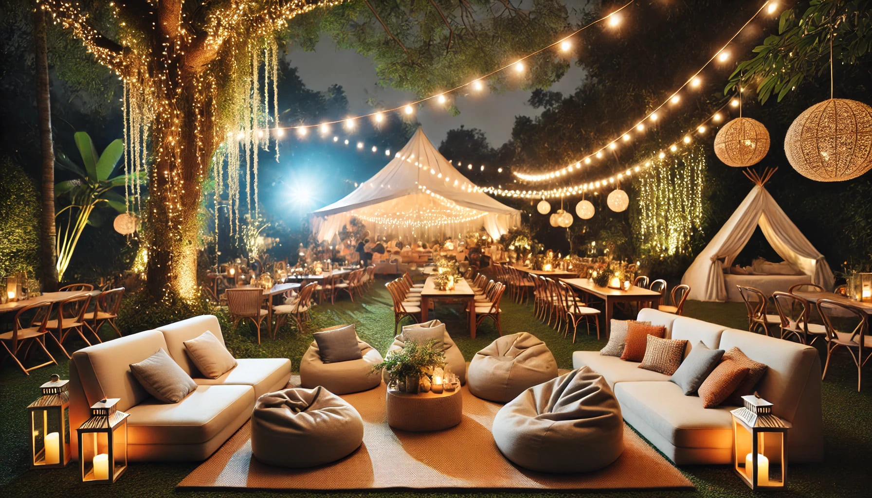 A wedding lounge area with comfortable sofas and bean bags, set in an outdoor garden with a tent and soft lighting, creating a relaxed and cosy vibe