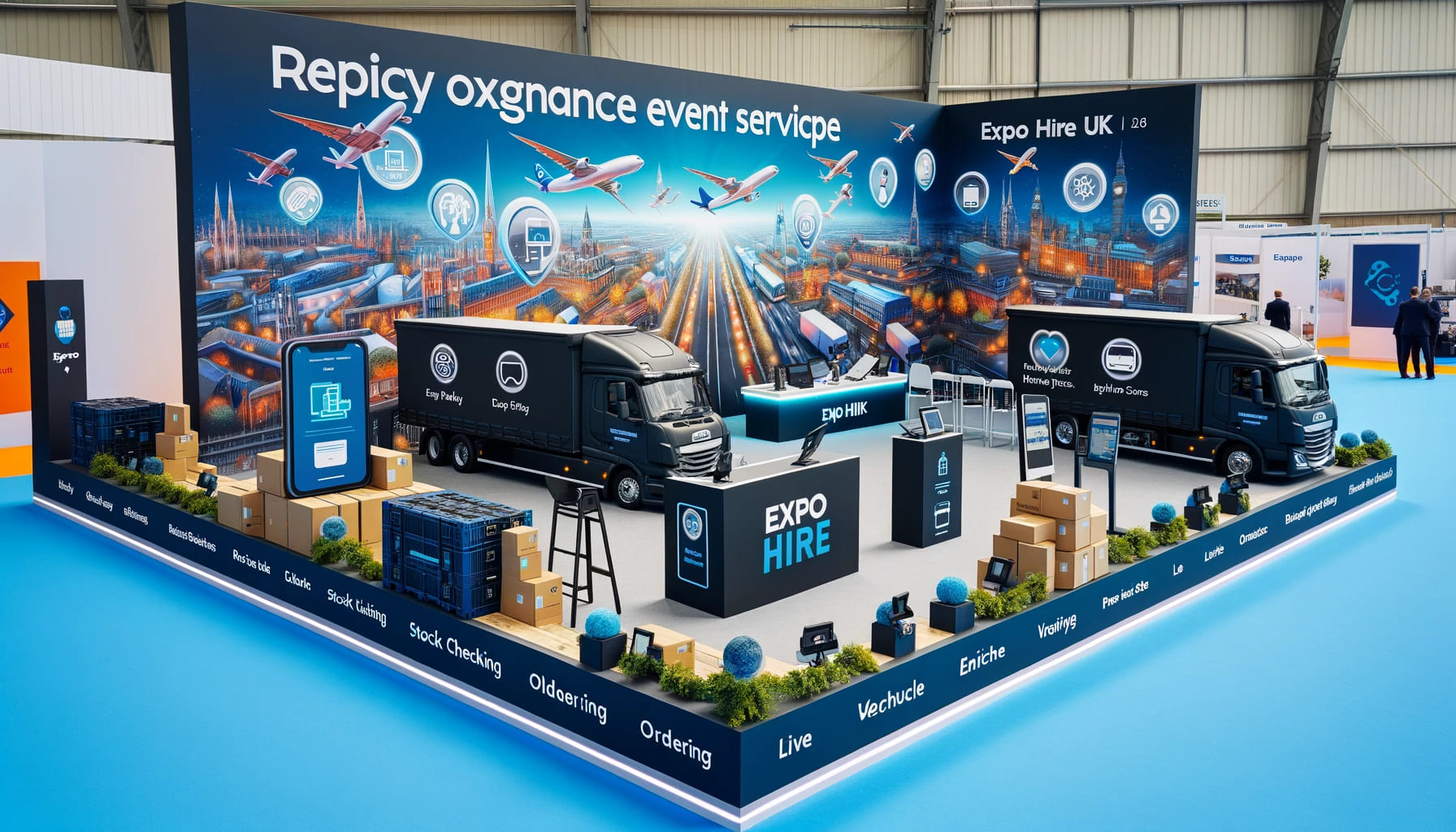 A well-organised event setup featuring various special services like real-time stock checking, online ordering, and live vehicle tracking by Expo Hire