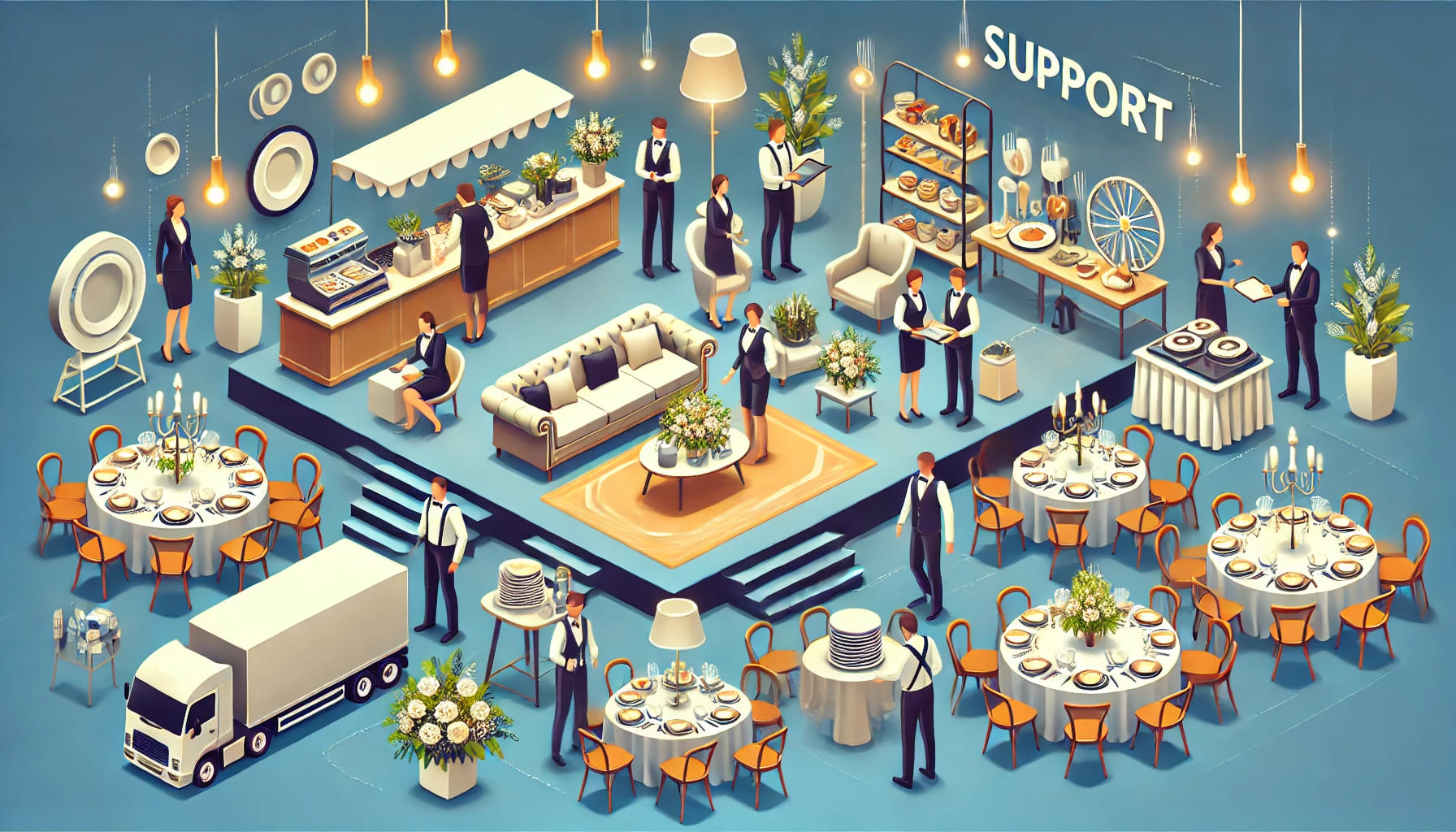 8 A well-organized event with comprehensive support services, showing a team assisting with furniture setup, catering equipment, and decor. The scene em