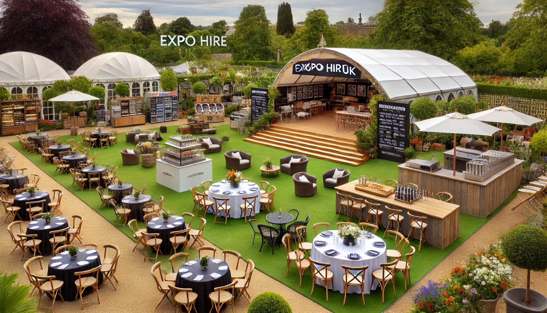 A wide range of services offered by Expo Hire UK, showcasing various outdoor furniture setups, catering equipment, and event accessories in a well-org