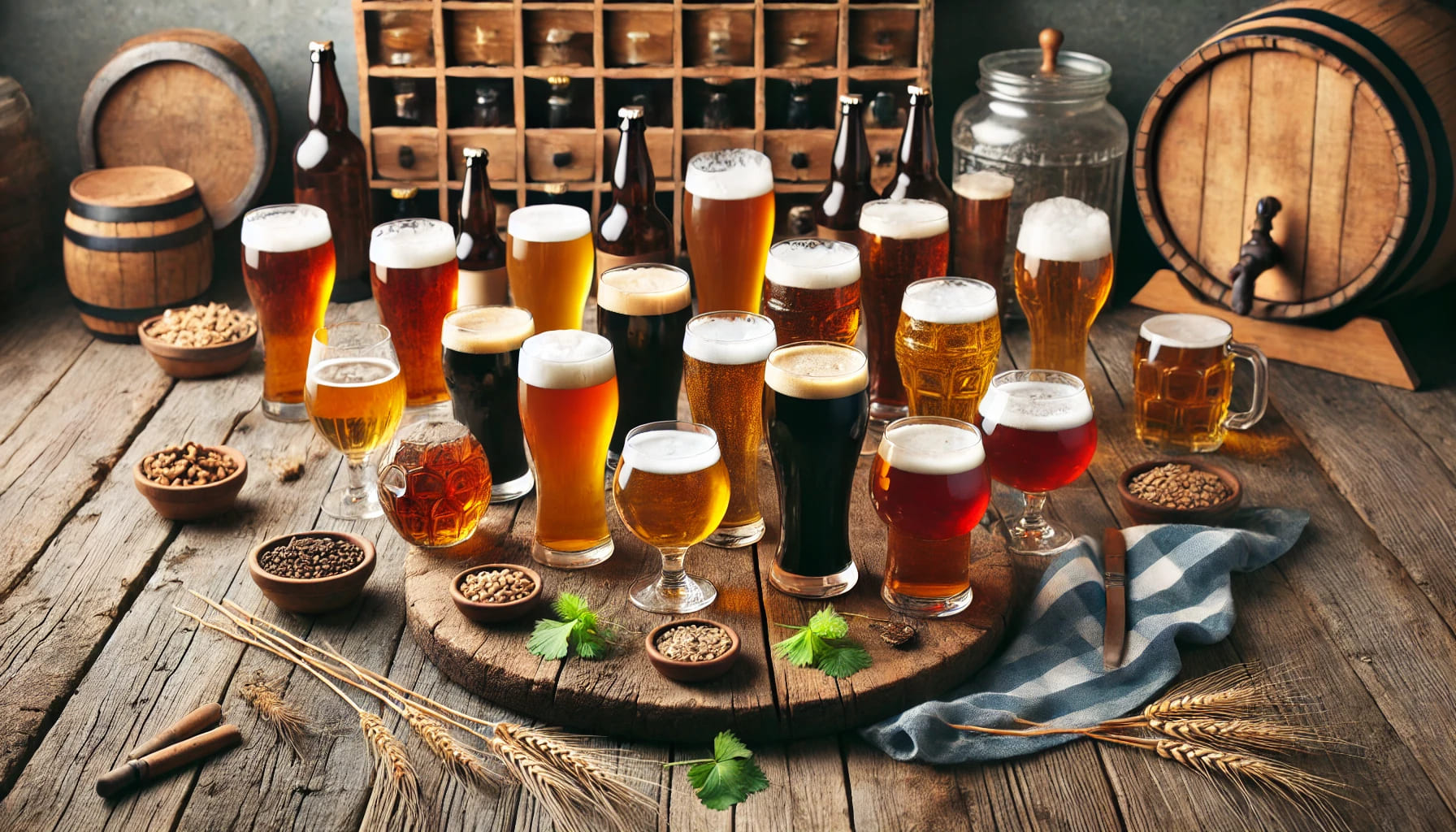 An array of beer glasses filled with various types of beer, arranged on a rustic wooden table. The setting should convey a casual and welcoming atmosp