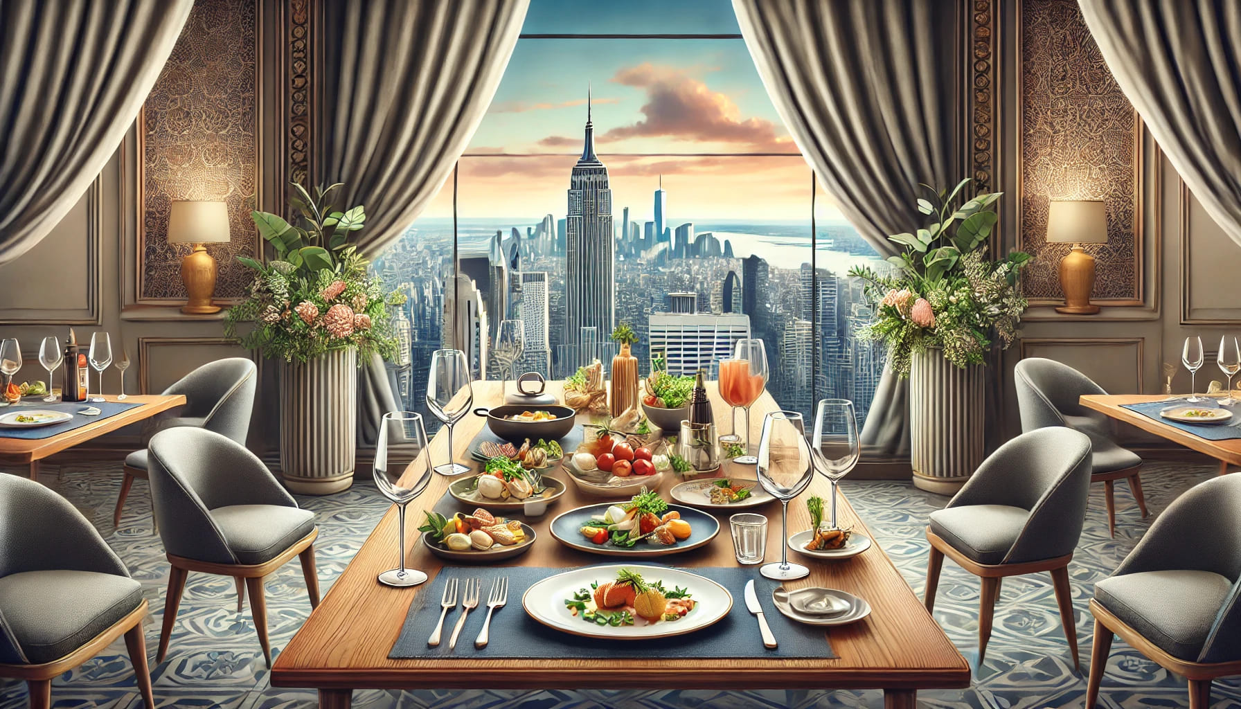 An elegant private dining setup showcasing various dishes with a view of the city in the background, representing a conclusion to a perfect dining exp