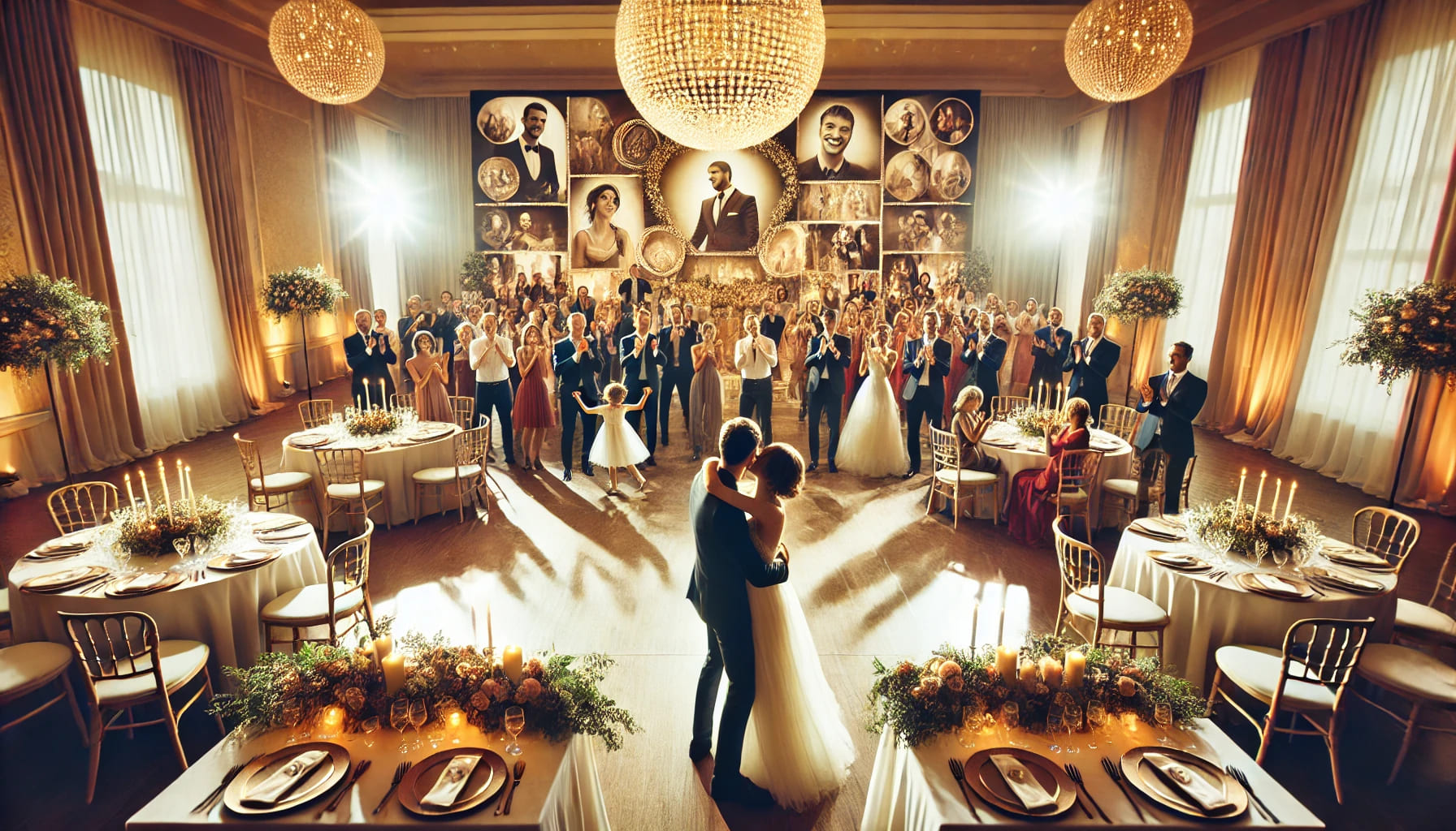 An emotional moment at a wedding conclusion, such as a couple's first dance or a group photo with guests, surrounded by beautifully arranged furniture