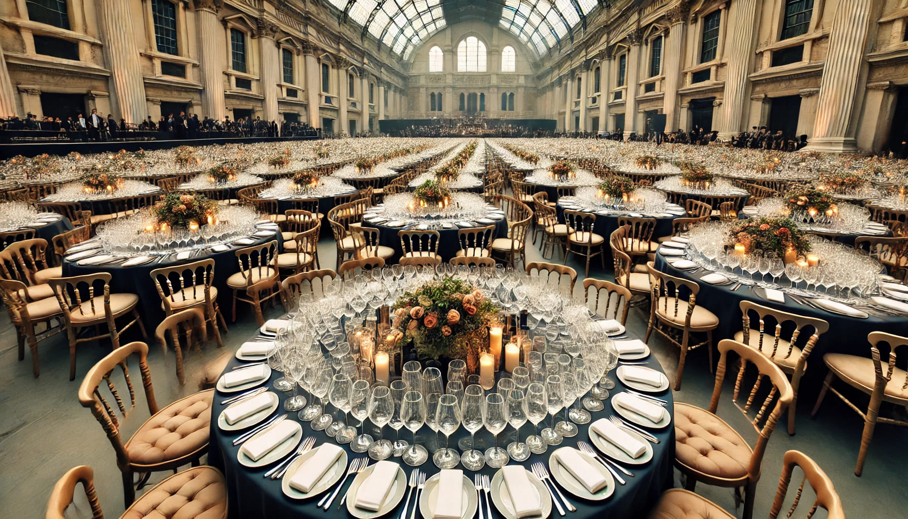 An event setup with large quantities of matching glassware, including wine glasses and tumblers, arranged neatly on numerous tables for a big London e