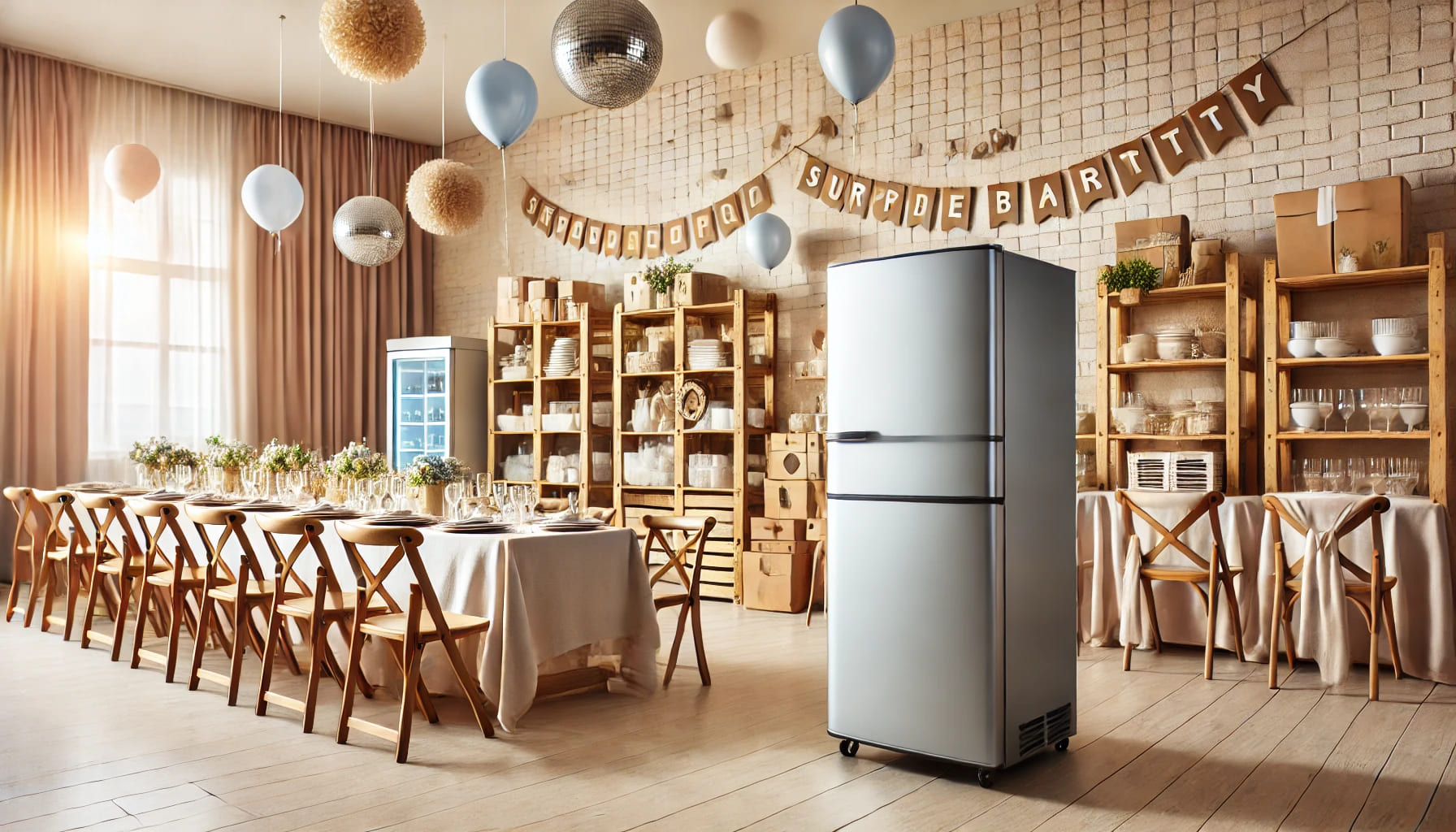 An event setup with practical items like fridges, linens, and crossback chairs. The setup is functional and visually appealing, ready for a surprise p