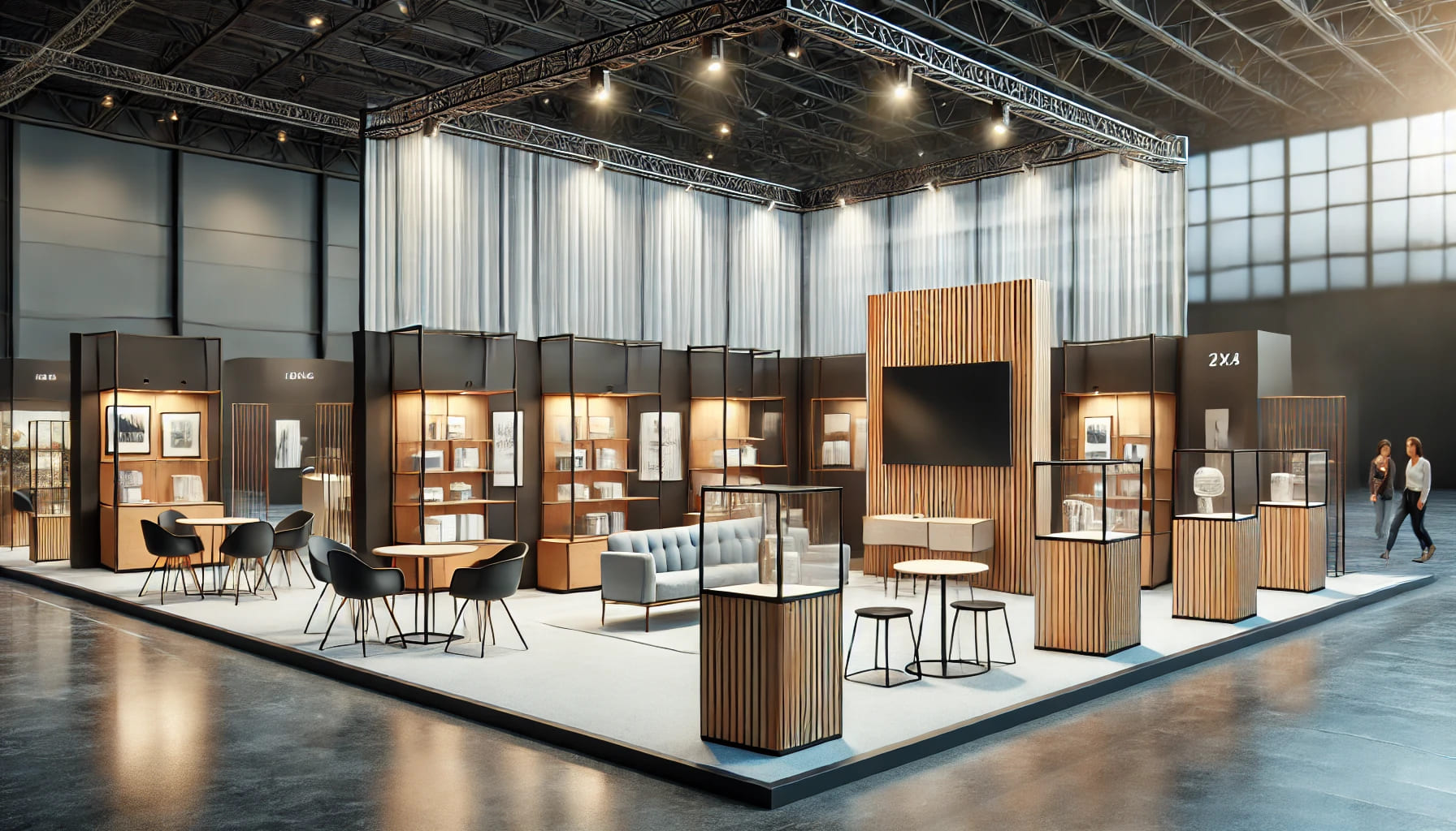 An exhibition setup with high-quality exhibition equipment including display cabinets, tensa barriers, and stylish furniture, showcasing a professiona