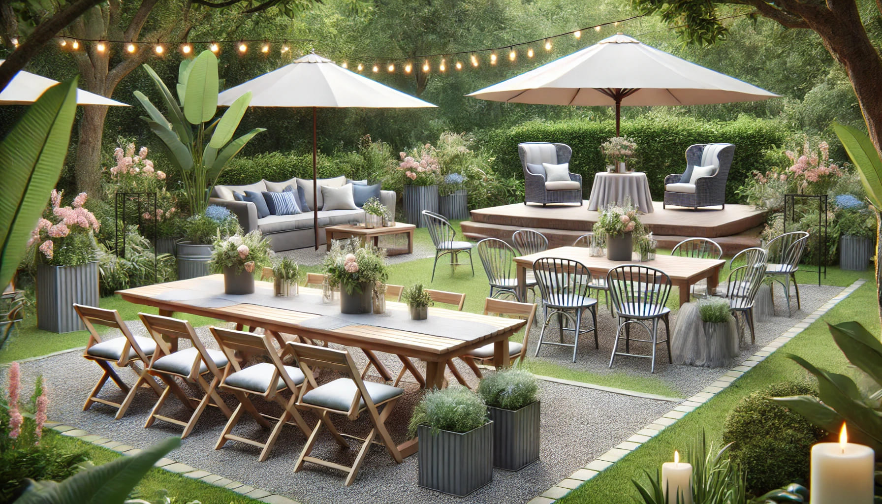 An outdoor event setup with weather-resistant furniture, featuring picnic tables, garden chairs, and outdoor sofas. The scene should be set in a lush