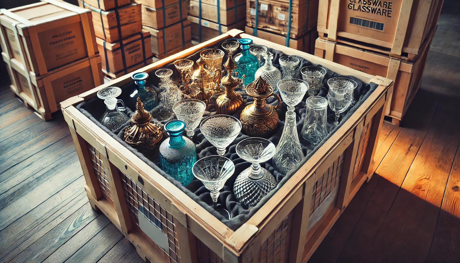 Glassware packed securely in protective crates, showing how they are kept safe during transit