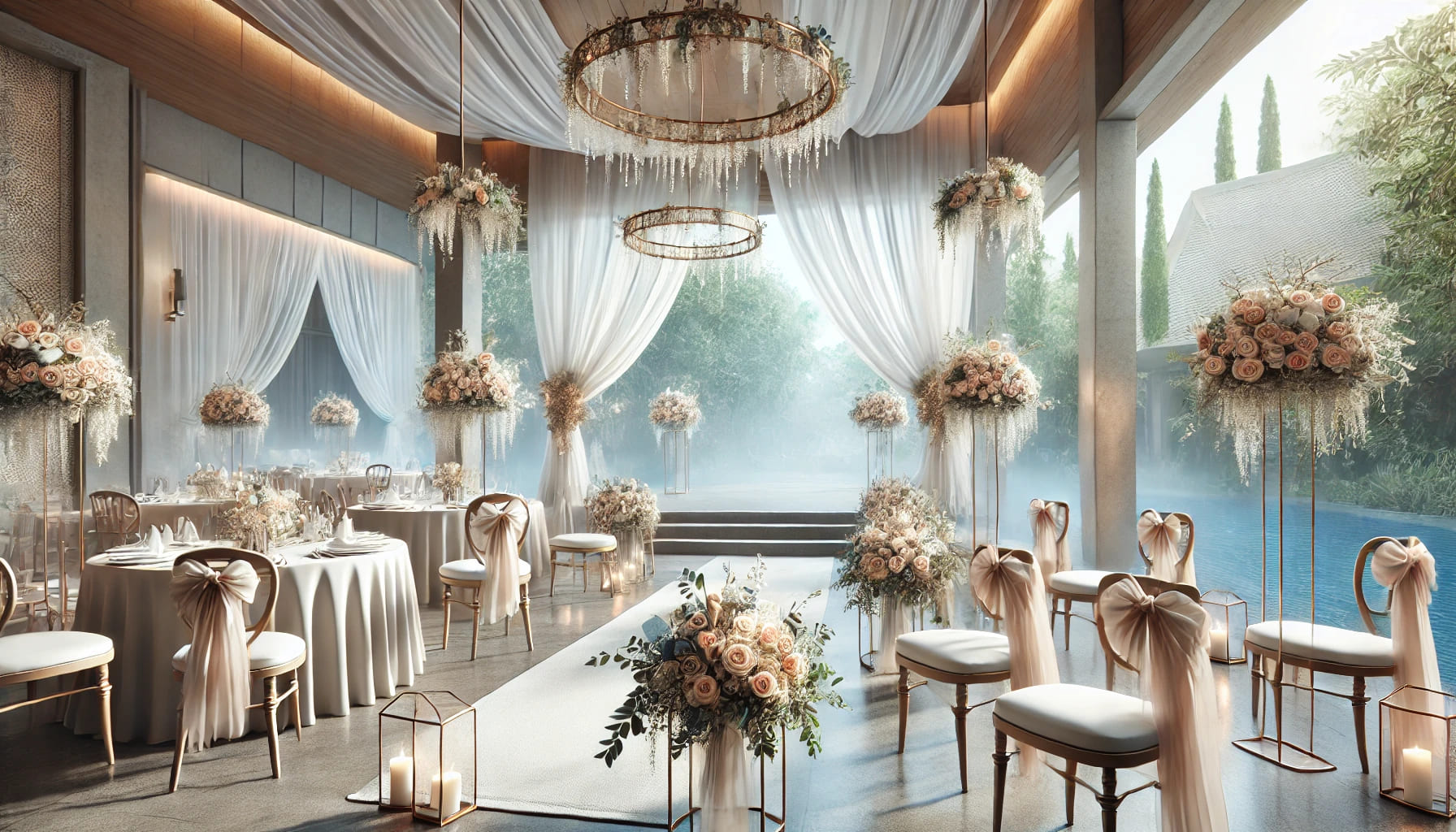 A beautiful wedding venue with elegant furniture arrangements, showcasing a ceremony setup with decorated chairs and tables, floral arrangements, and