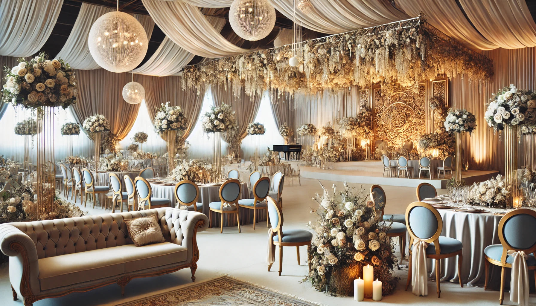 9 A beautifully arranged event space with elegant rental furniture that enhances the overall ambience. The setting includes well-placed sofas, chairs, a