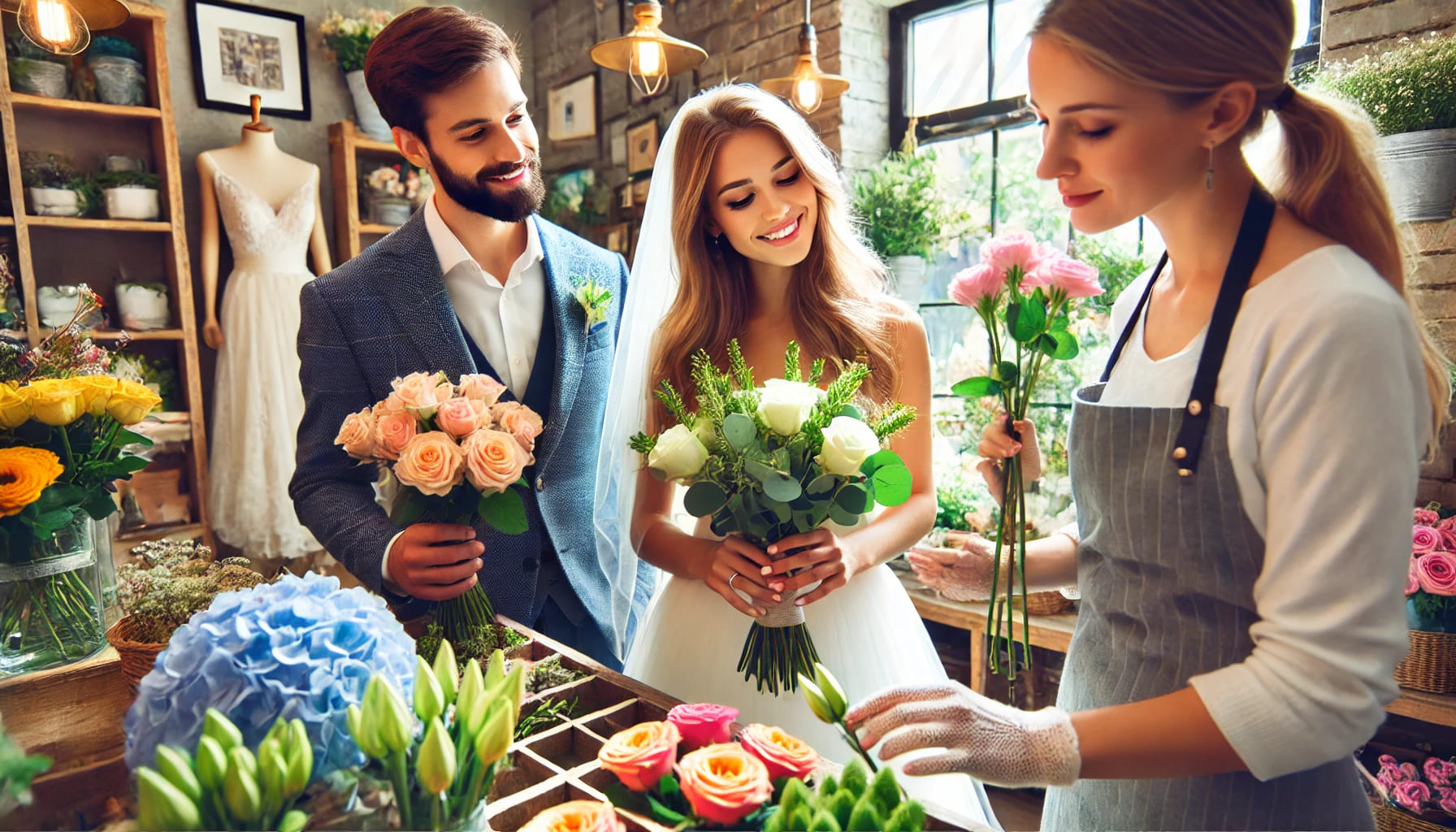 A bride and groom choosing flowers with a florist in a bright and colourful flower shop