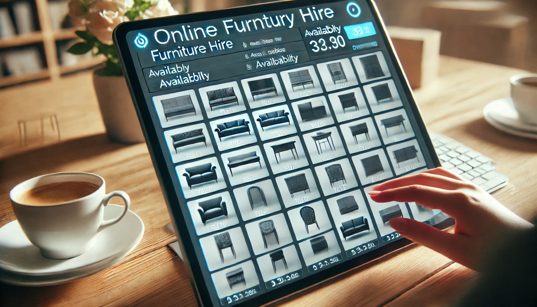 A close-up of a computer screen showing an online inventory system for furniture hire, with various furniture items and their availability status disp