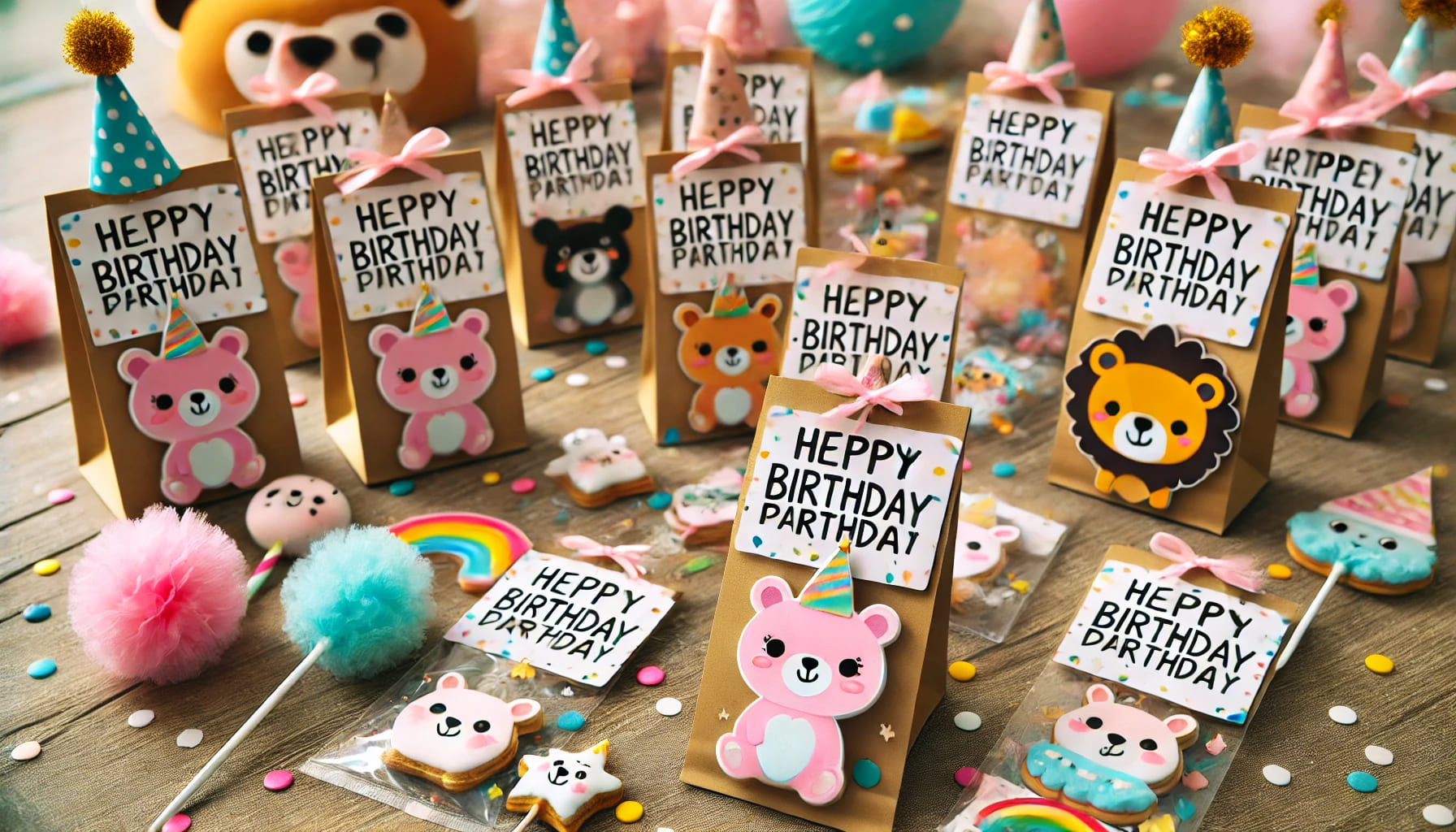 A close-up of personalized birthday party favors and custom decorations on a table