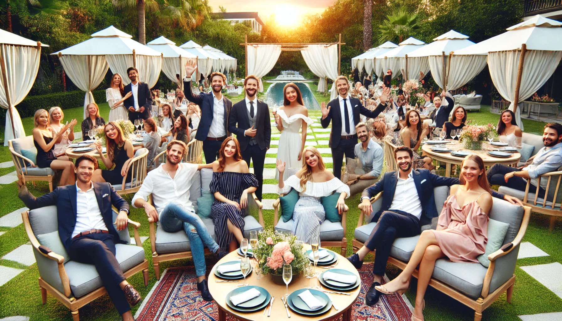 A concluding image of a successful outdoor event with happy guests, showcasing the well-organised setup with elegant and comfortable furniture in a be