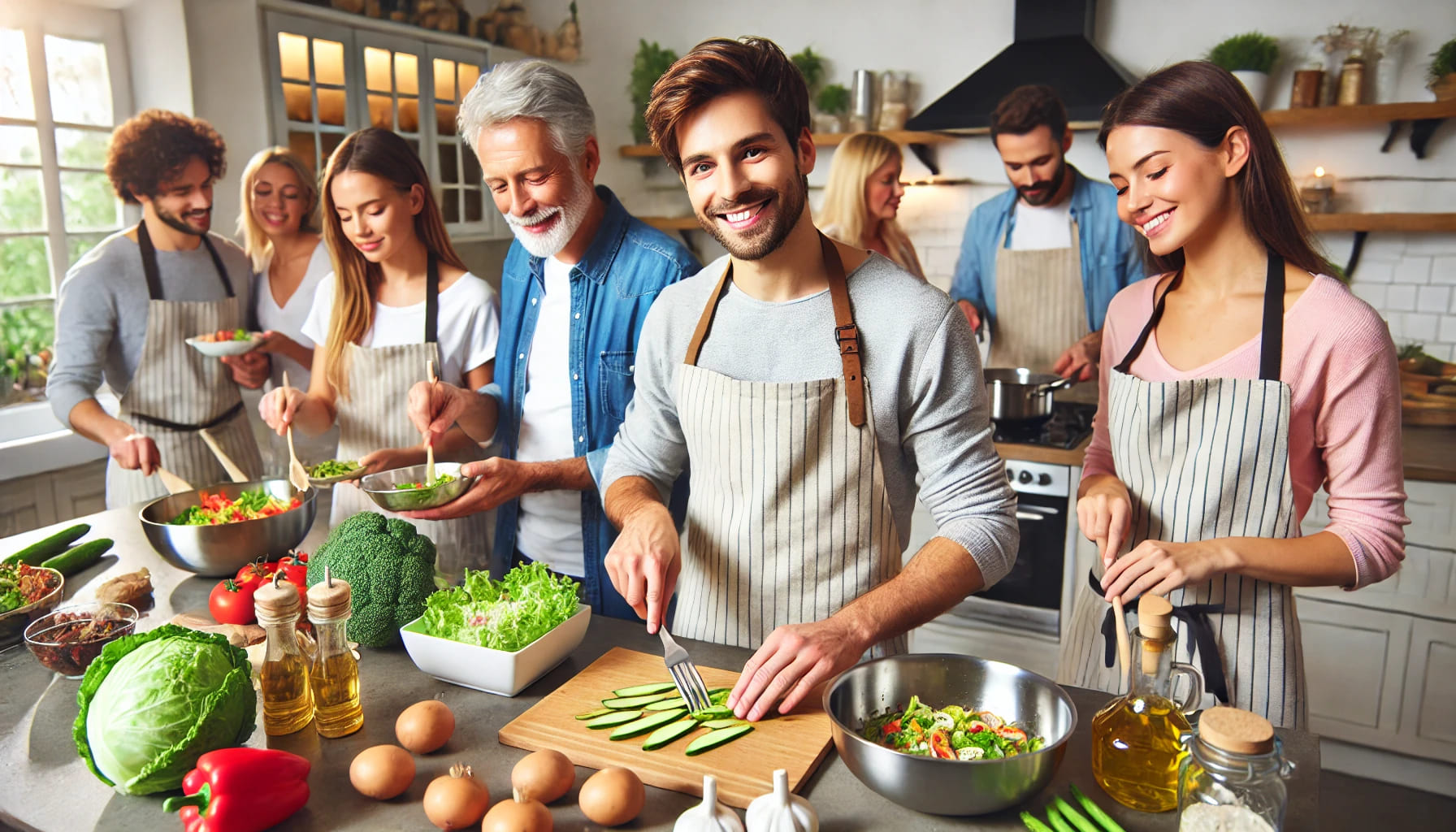 A cooking dinner party with guests preparing meals together in a well-equipped kitchen, enjoying the process and the food