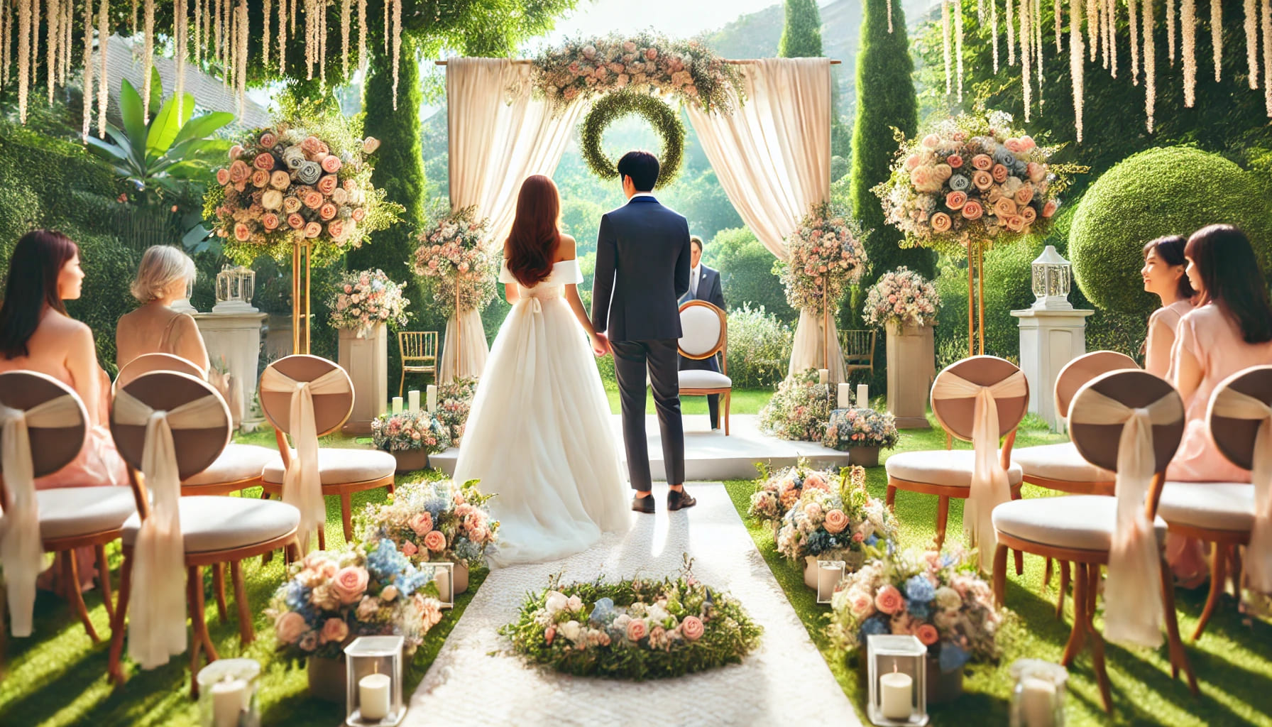 A couple renewing their wedding vows in an outdoor garden setting. The scene includes a beautifully decorated altar with flowers and chairs for guests