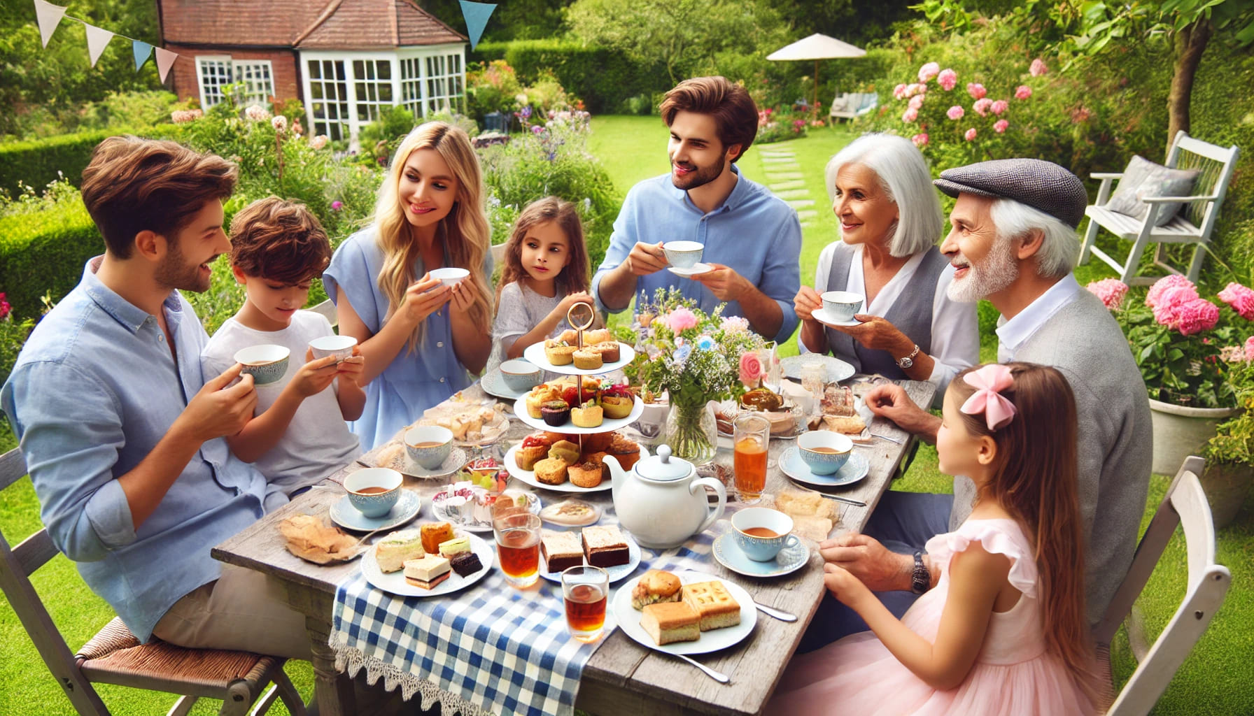 A family enjoying an afternoon tea party for a special occasion, with children and adults gathered around a table filled with tea, sandwiches, scones,