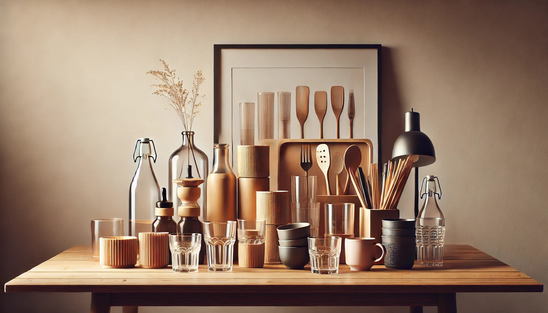 A neat arrangement of various tumblers on a table, ready for use. The setting should be simple and functional. Landscape format, no written words