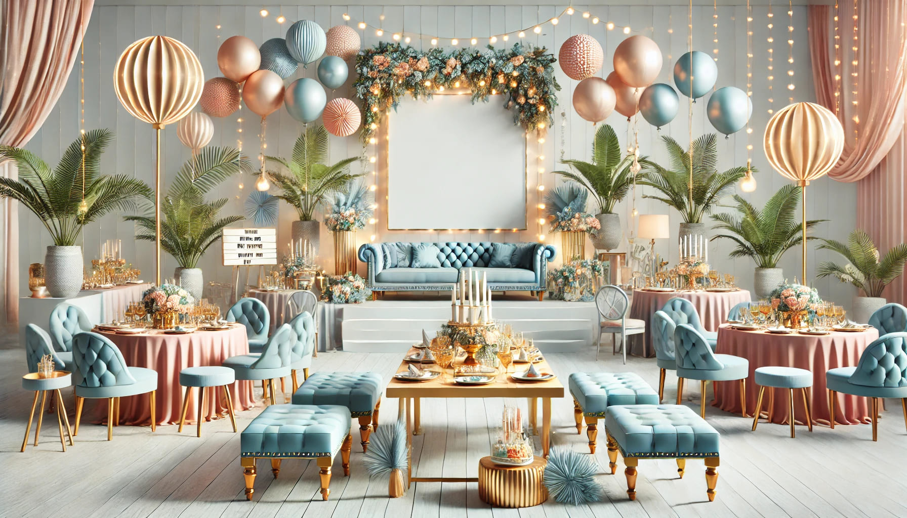 A party setup with a variety of additional furniture options including stylish seating, tables, and decorations, no text