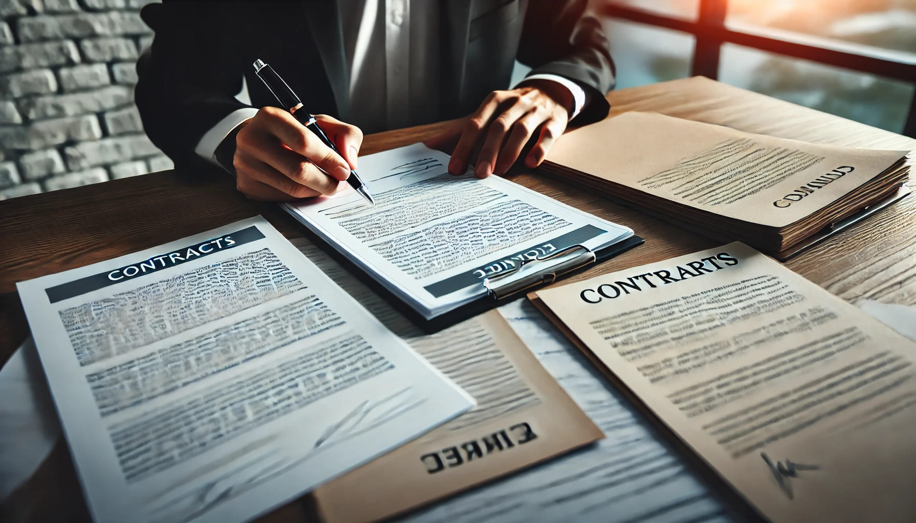 A person reviewing contracts and terms for an event, with documents spread out on a table