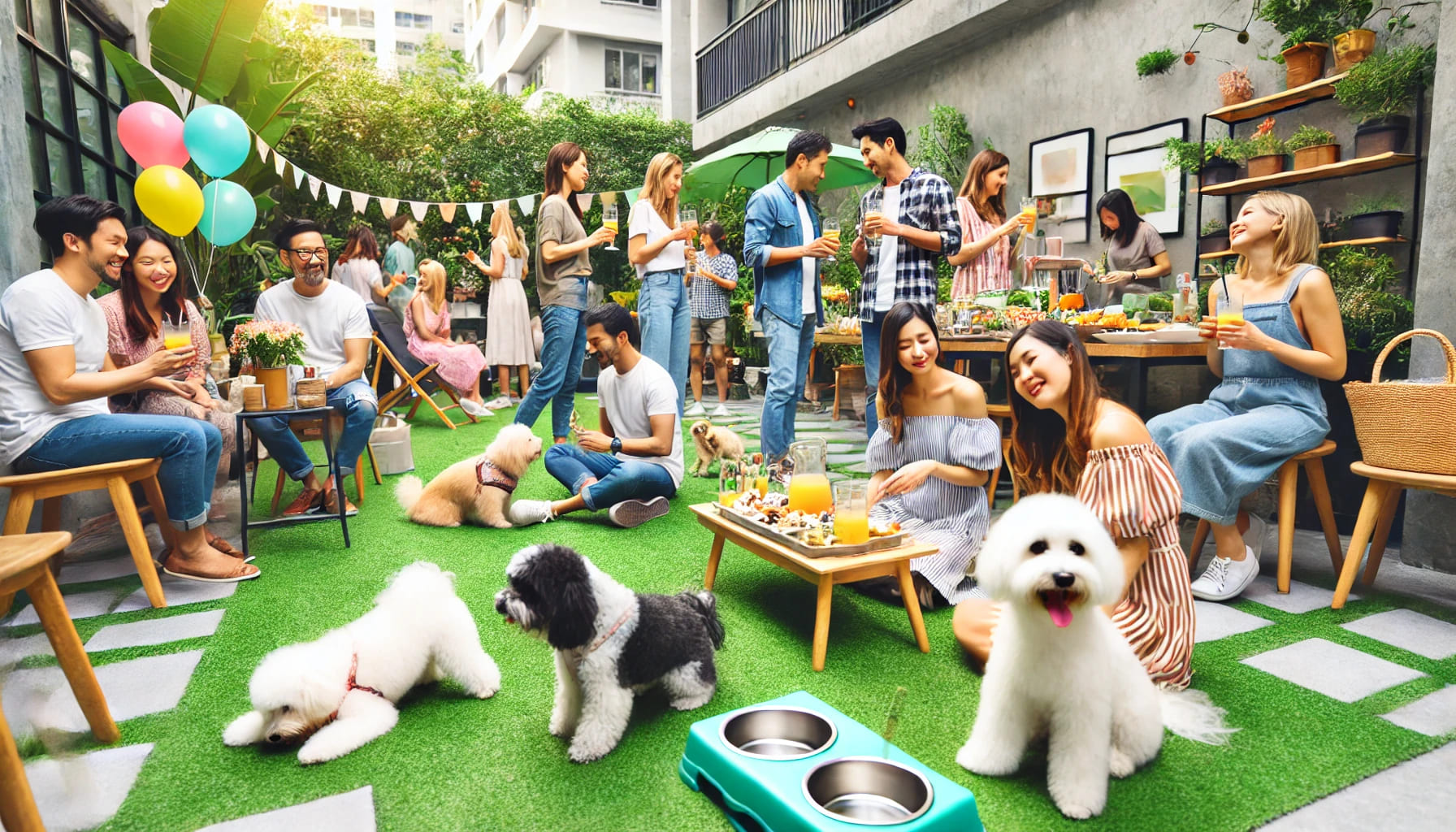 A pet-friendly garden party with guests and their dogs. The garden is decorated with pet-friendly amenities, and people are enjoying food and drinks w