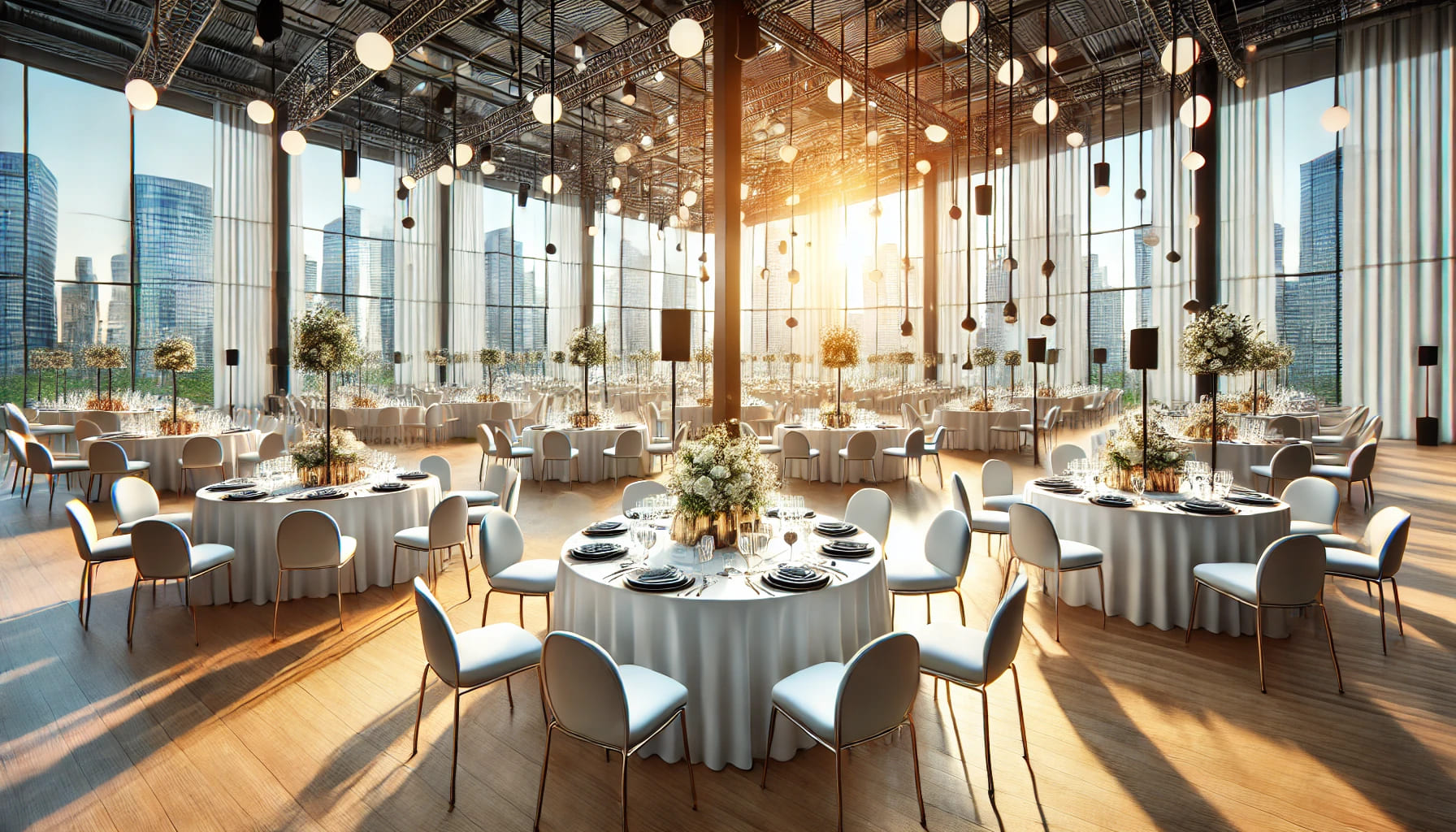 A realistic image of a beautifully arranged event venue that reflects the culmination of planning and setup, with tables and chairs perfectly placed.