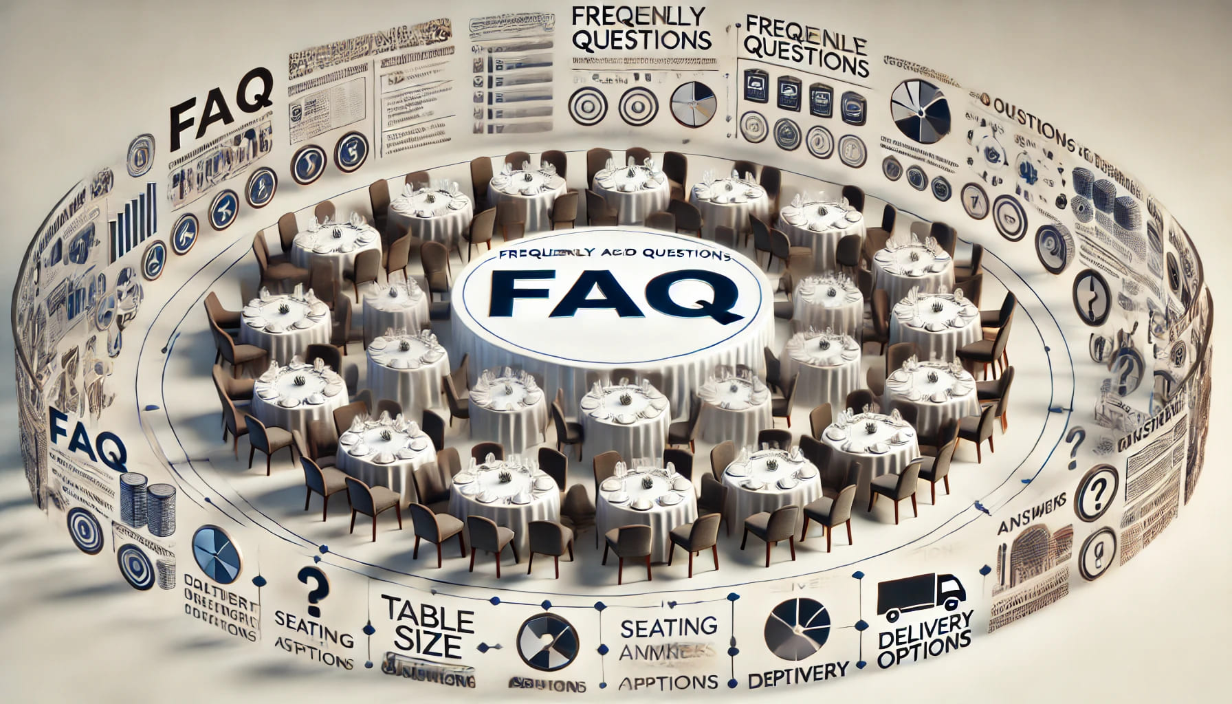 A realistic image of a frequently asked questions (FAQ) concept, featuring round tables set up for an event with various questions and answers visuall