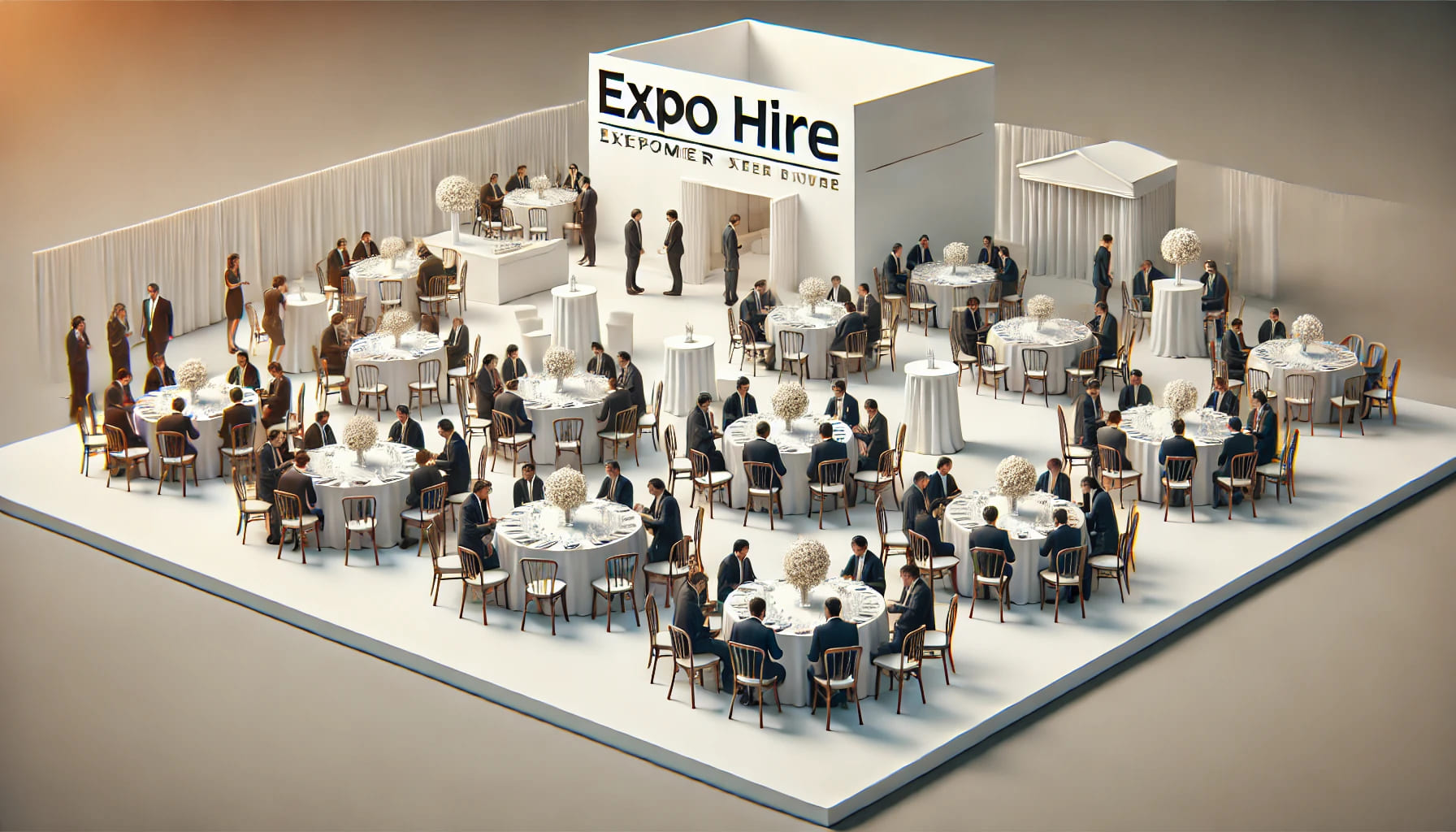 A realistic image of an event in progress with guests seated around tables provided by Expo Hire. The venue should be elegantly decorated, with a focu