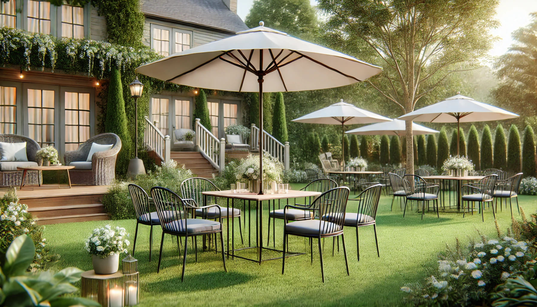 9 A realistic image of an outdoor event setup featuring rental furniture from Expo Hire. The scene includes outdoor chairs, tables, and parasols arrange