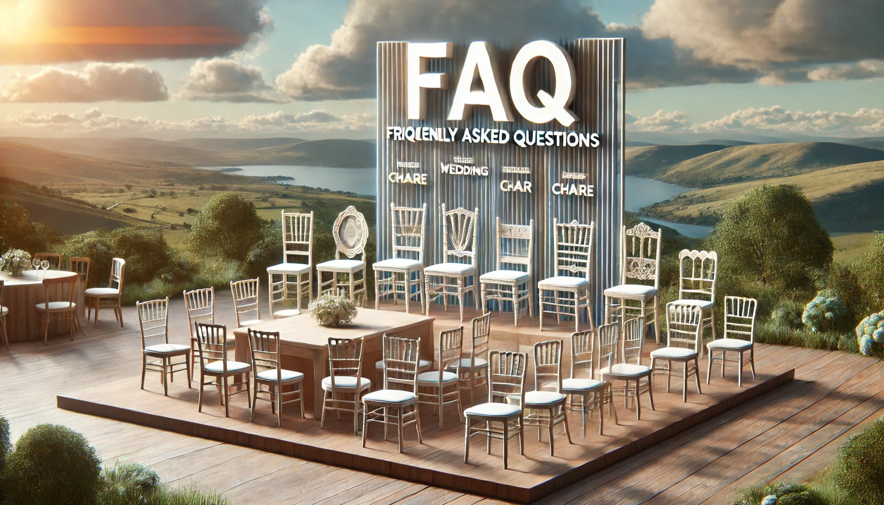 A realistic landscape image depicting a frequently asked questions concept related to wedding chair hire. The image shows a variety of chairs arranged